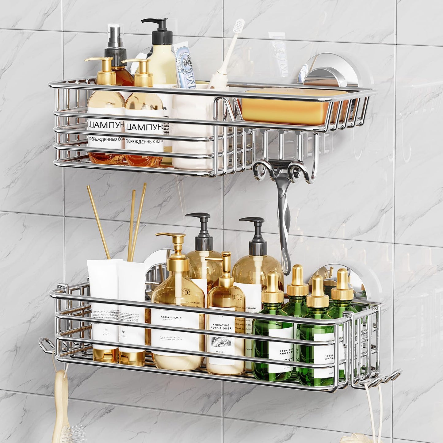 TAILI Shower Caddy Suction Cup 2 Pack with Hooks and Soap Holder, Heavy Duty Shower Organizer for Bathroom, No Drilling Silver Bathroom Suction Shelves-Silver