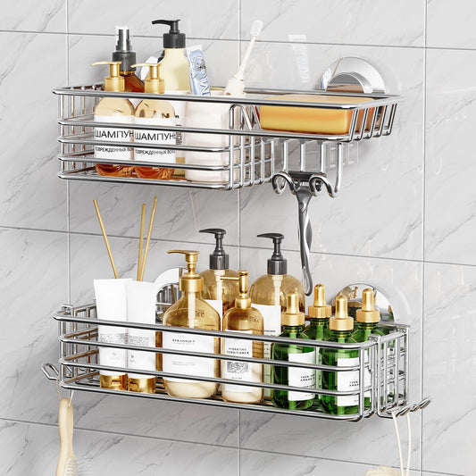 TAILI Shower Caddy Suction Cup 2 Pack with Hooks and Soap Holder, Heavy Duty Shower Organizer for Bathroom, No Drilling Silver Bathroom Suction Shelves-Silver