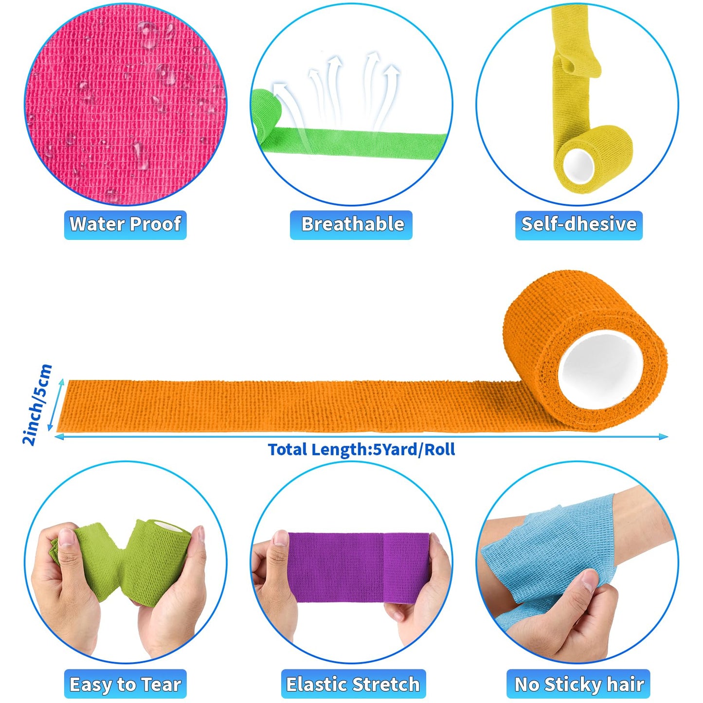 120 Pack Colorful Self Adhesive Bandage Wrap Bulk 2 Inch x 5 Yards Cohesive Bandage,Vet Wrap Breathable Elastic Self-Adherent Tape for Stretch Athletic Sports Wrist Ankle Dogs Pet Vet Wrap