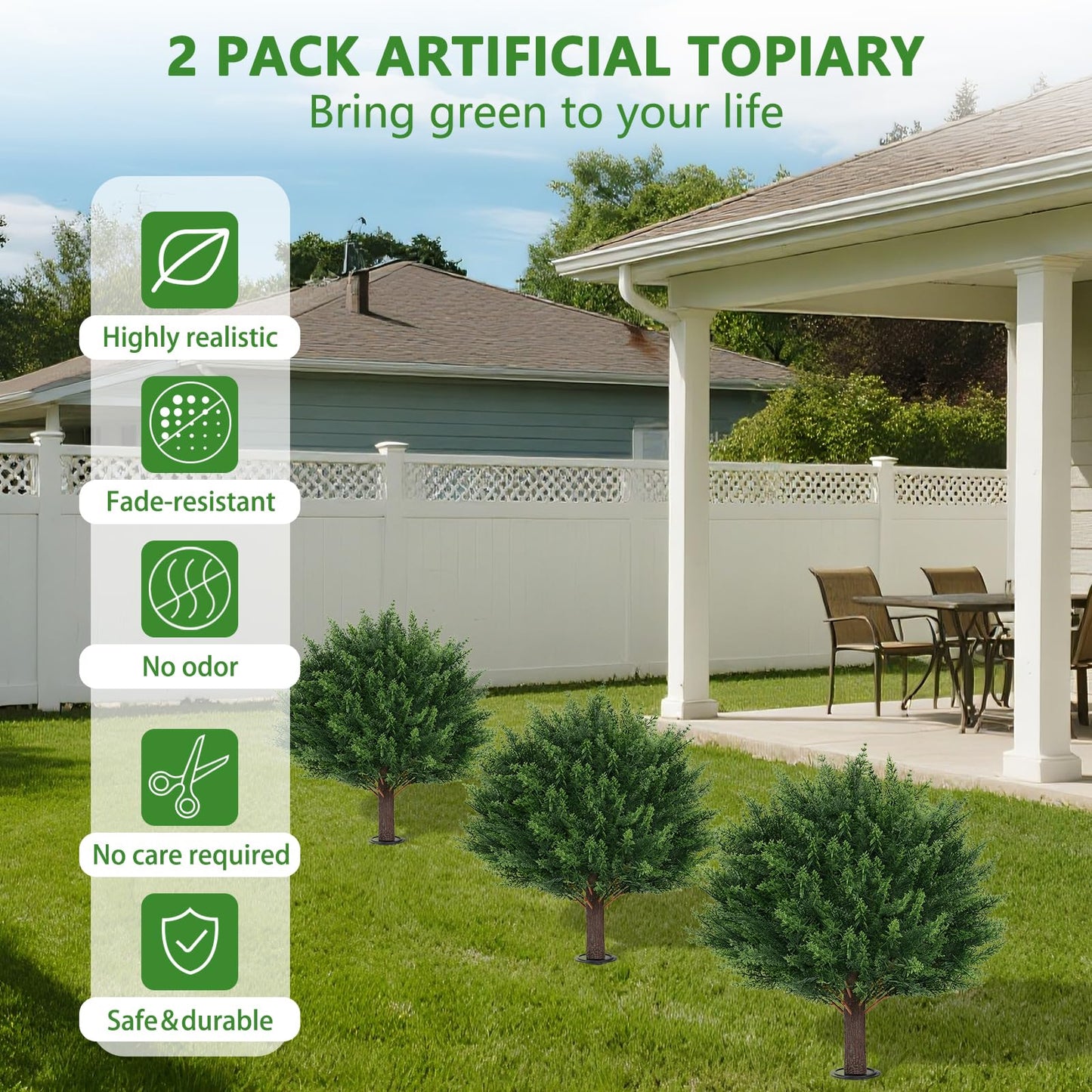 Yangrass Artificial Set of 2 Cedar Topiary Ball Trees 23" for Outdoors with Ground Spike, UV Resistant Faux Cypress Plants, Evergreen Shrubs Bushes for Front Porch Garden Backyard Decor