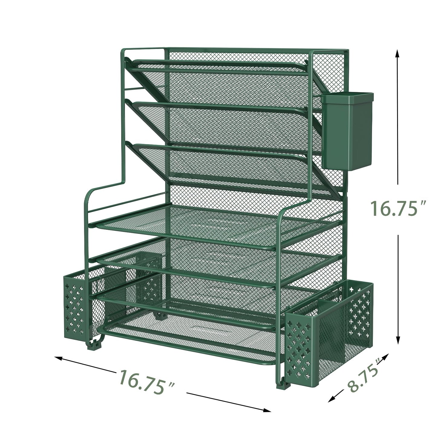 Simple Trending 7 Tier Desk File Organizer, Letter Tray Paper Organizer with Pen Holder and Metal Hanging Basket, Green