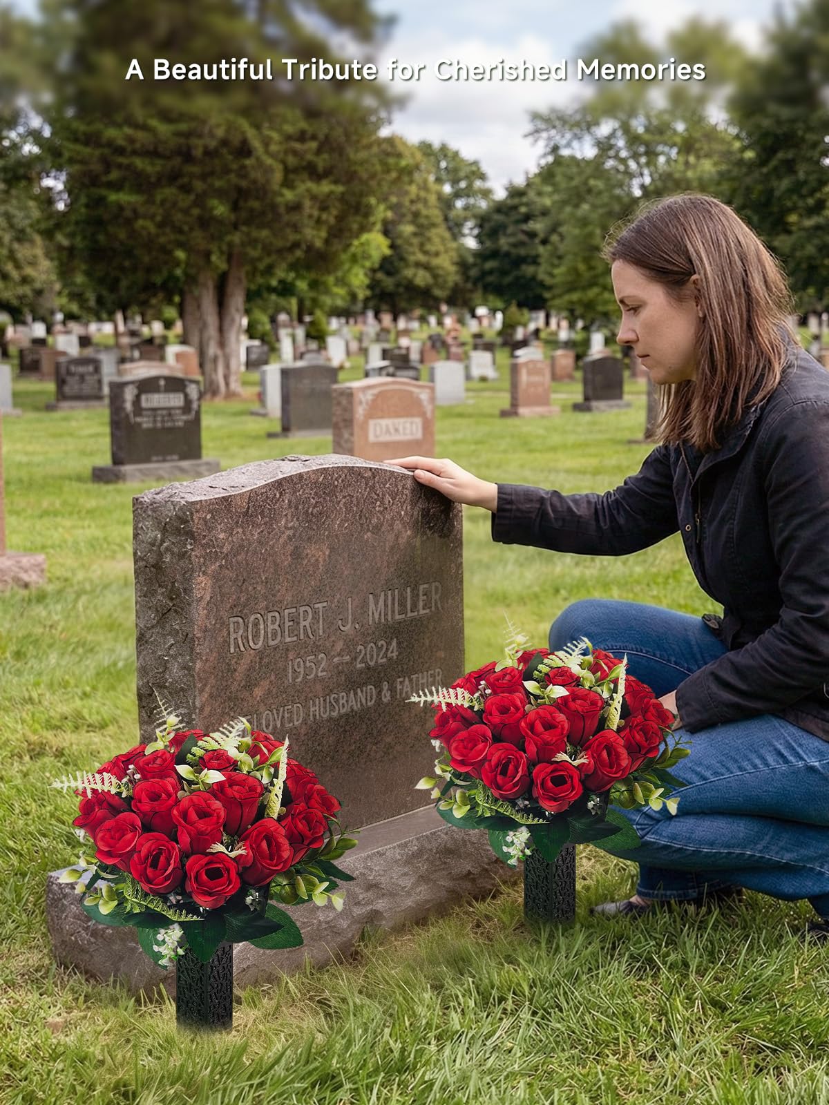 2 Pack Cemetery Flowers for Grave with Spiked Vases, 18-Stem Red Artificial Rose Bouquets with Flag, Non-Bleeding & Wind-Resistant All-Weather Memorial Decorations for Headstones
