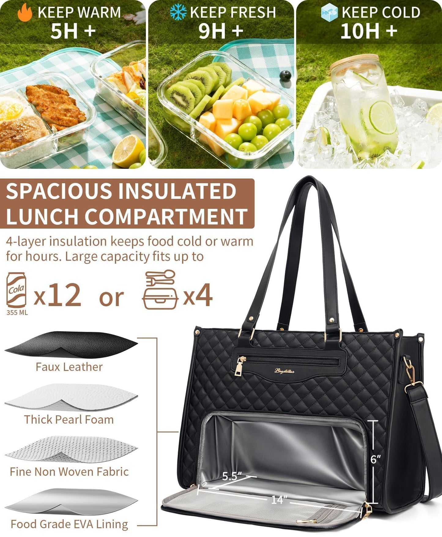 Bagstellar Lunch Tote Bag for Women, 15.6 Inch Laptop Work Bag with Insulated Lunch Box Compartment & Purse Large Capacity Quilted Computer Handbag for Office Business Work Nurse Teacher Travel Casual