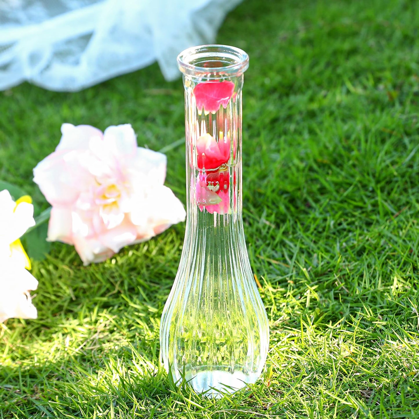 Glass Bud Vases for Centerpiece,12 Pcs Small Clear Ribbed Flower Vases for Weddings, Parties, Home Decor (8.5" Tall, Bulk Set) - Minimalist Table Vase for Roses, Pampas Grass, DIY Arrangements