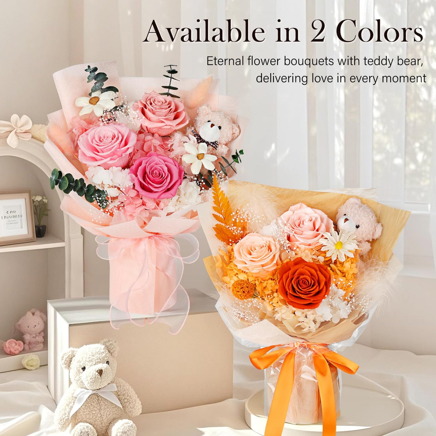 Preserved Flowers Bouquet with Bear, 3 Real Forever Flowers for Delivery, Long-Lasting Pink Eteranl Roses Bouquet, Anniversary Birthday Gifts for Women Mom Her Girlfriend Wife