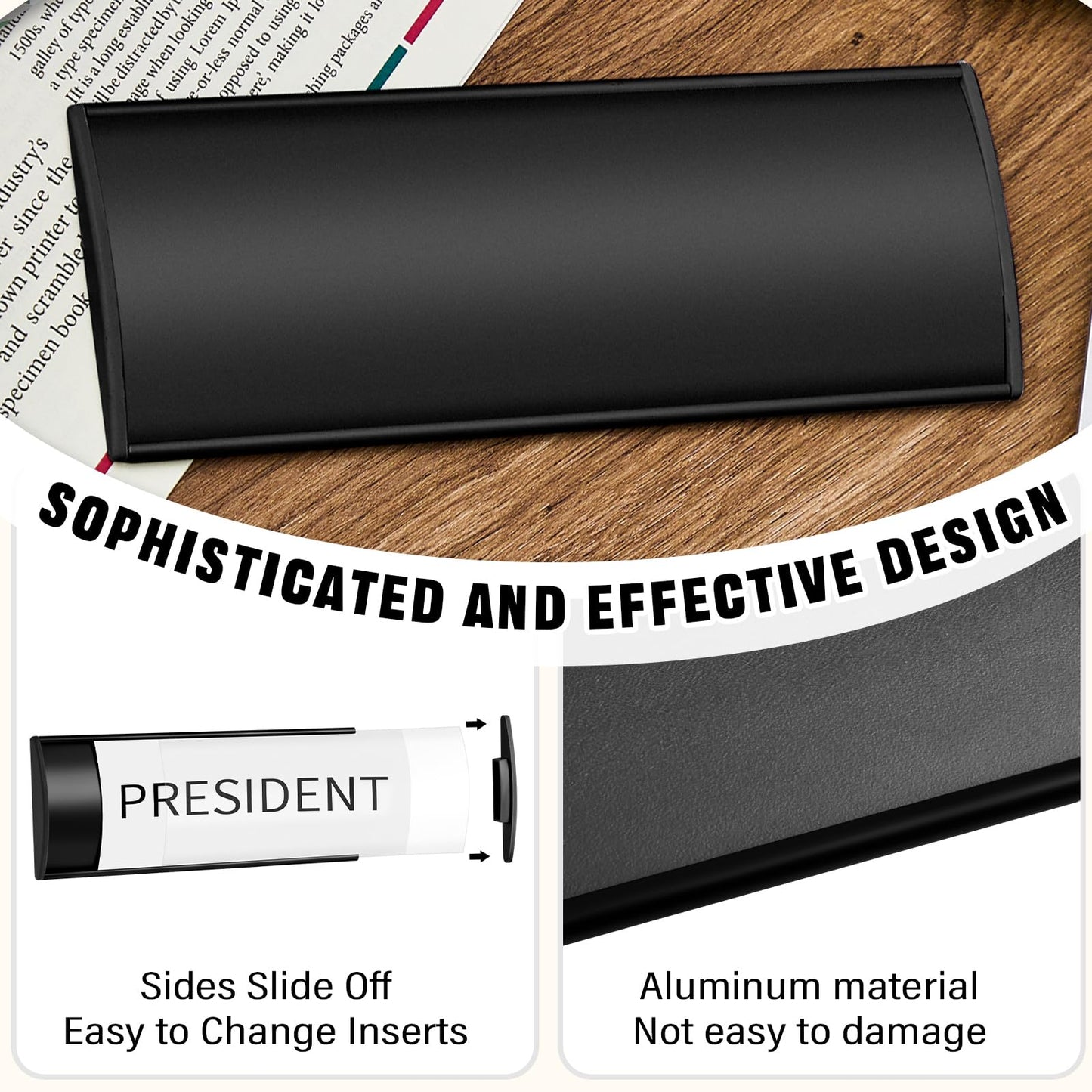 Therwen 12 Pcs Aluminum Office Name Plate Holder for Door Wall Mount 8'' x 3'' Business Sign Holder Office Door Sign Sturdy Curved with Plastic Film and Adhesive Tape (Black)