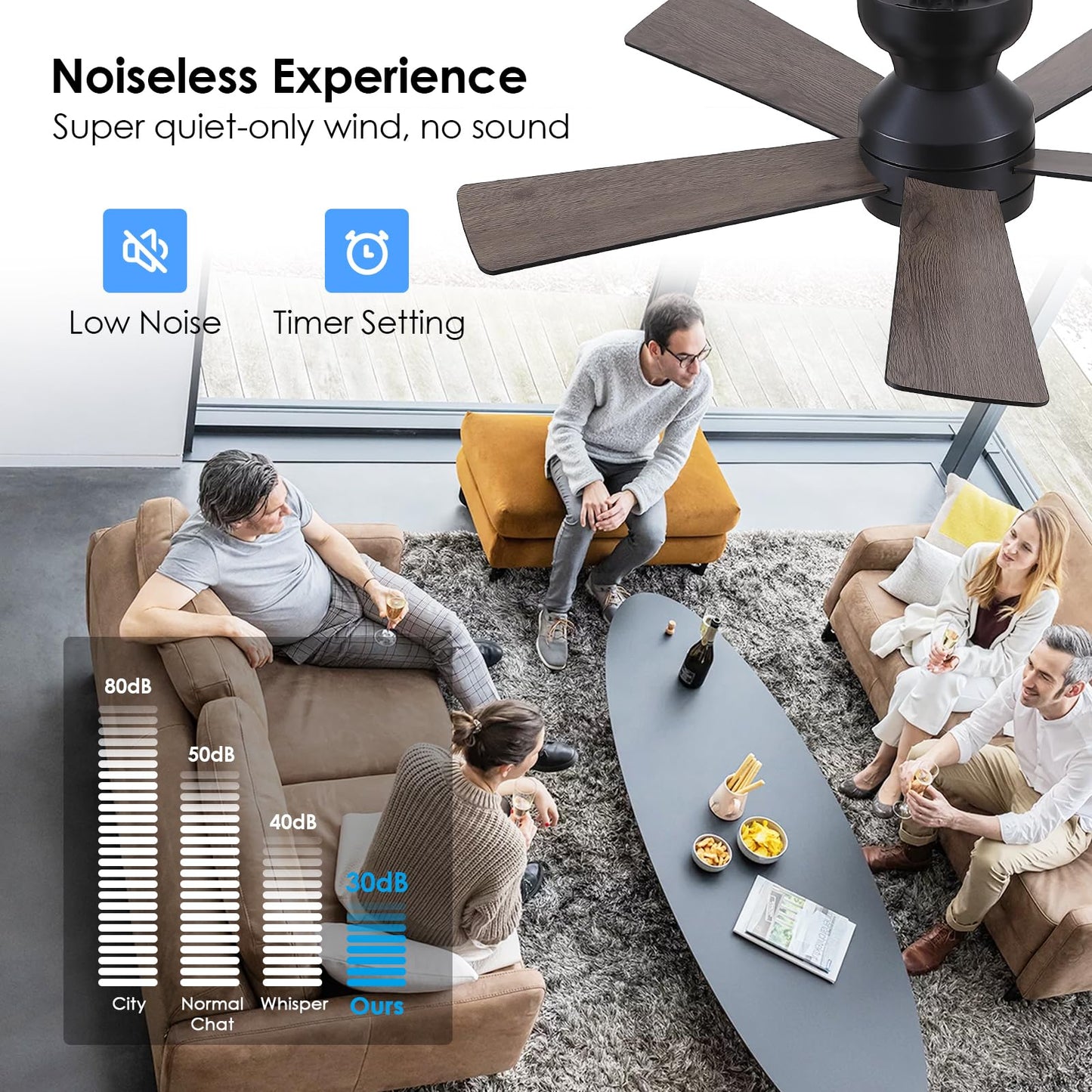 Black Ceiling Fans with Lights - 46" Flush Mount Ceiling Fan with Remote and 5 Reversible Blades, 3CCT Dimmable, 6 Wind Speeds&2H Timer, Indoor Low Profile Fan Light Fixture for Modern Bedroom