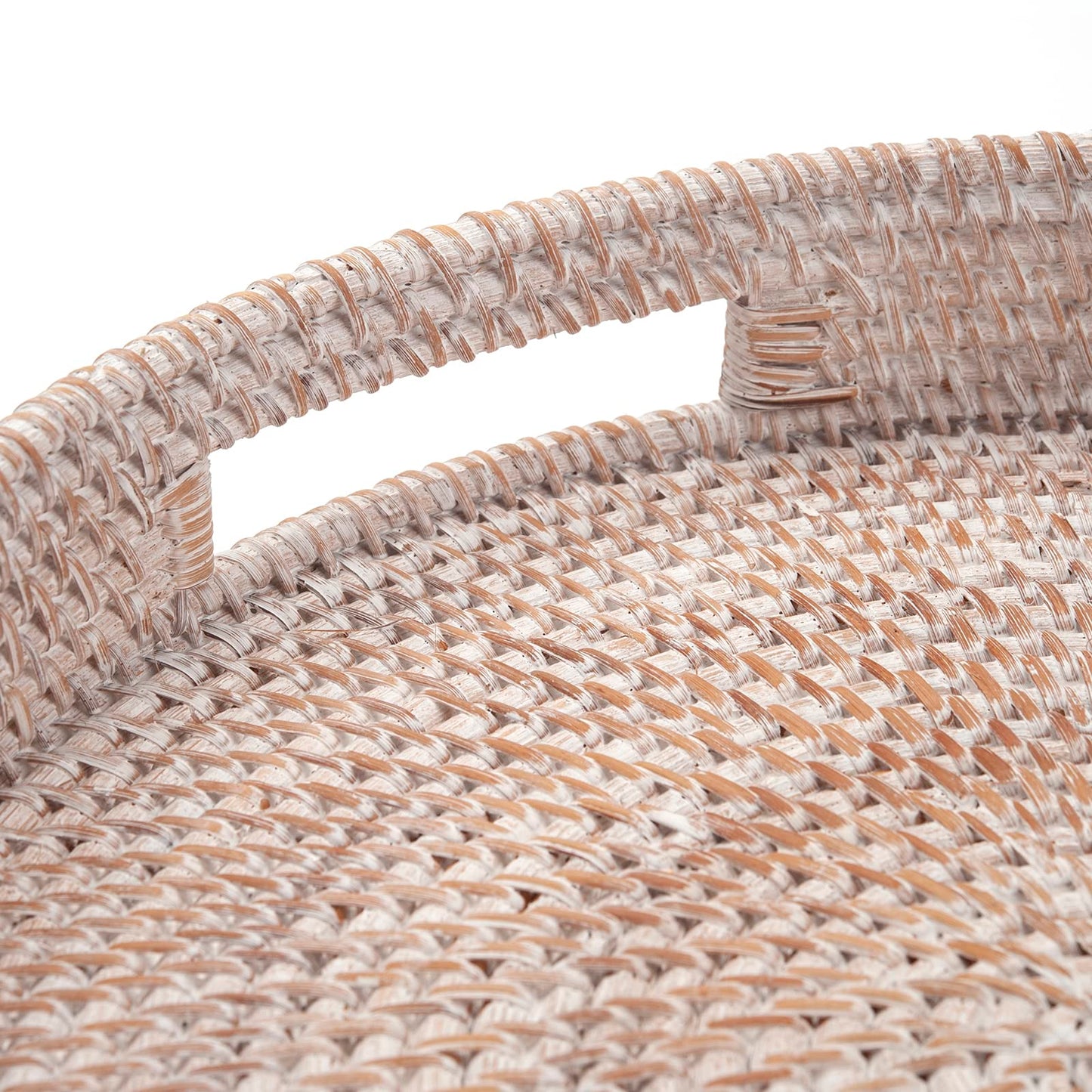 Coffee Table Tray Round Rattan Ottoman Tray Woven Serving Trays with Handles for Home and Kitchen Decorative Whitewash (Large 16.9 inch)