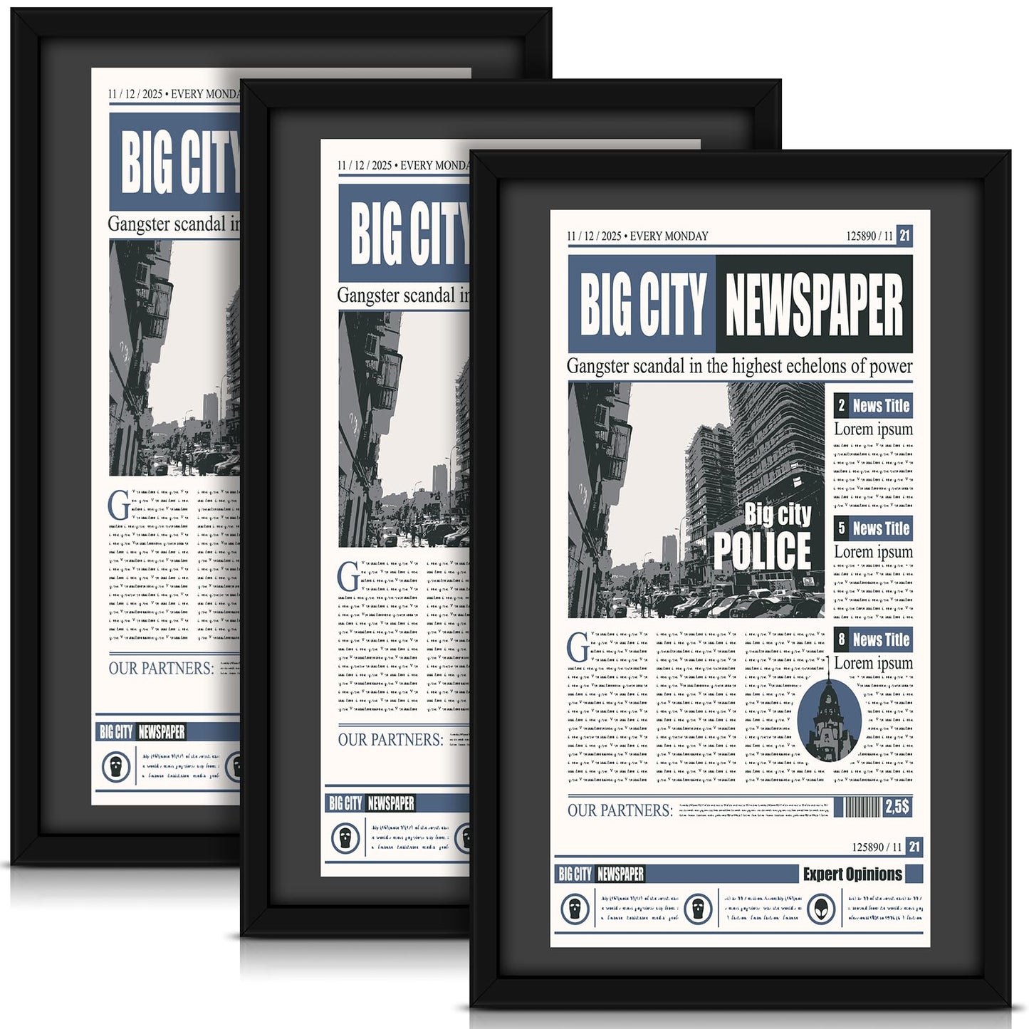 DoubleFill 3 Pcs 11x22 in Newspaper Frame with Mat Assorted Media Article Cover Frame with Hanging Hardware 14x24 in Newspaper Display Poster Frame for Wall Decoration (Black Mat)