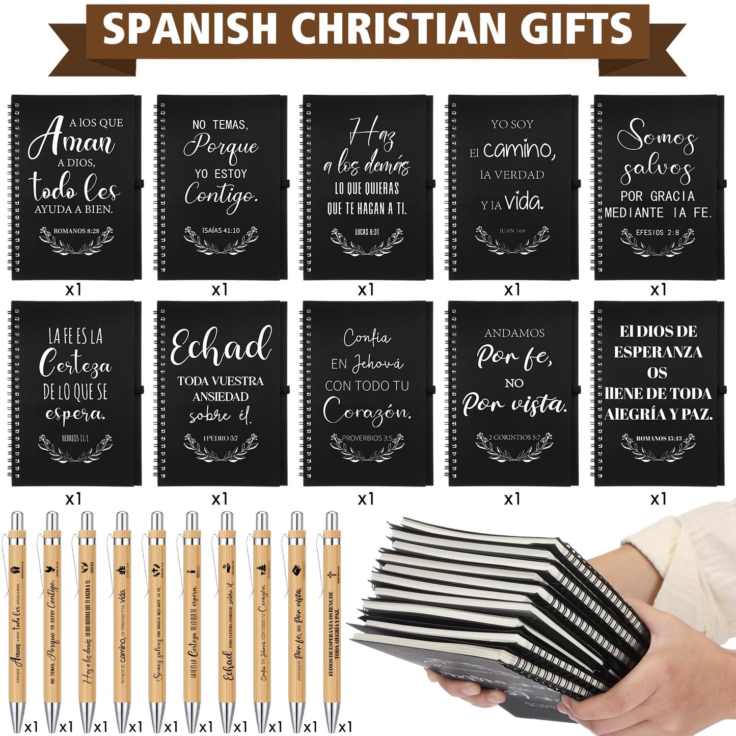 Resurhang 20 Pcs/10 Sets Regalos Cristianos En Español Spanish Christian Notebooks with Pen Spanish Religious Gift Bulk Motivational Journals Inspirational Pen Thank You Gift for Church (Black)