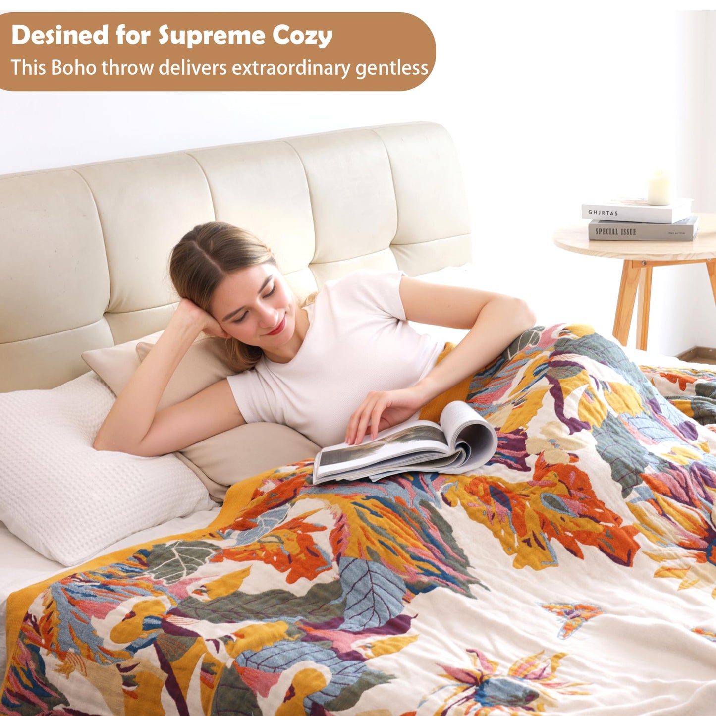 VANJOROY Boho Throw Blanket 60" x 80", 100% Organic Cotton Skin-Friendly Lightweight Ultra Soft Bed Quilt Throw - Summer Floral Butterfly Farmhouse Decor Blanket for Sofa Couch Chair and Gift.