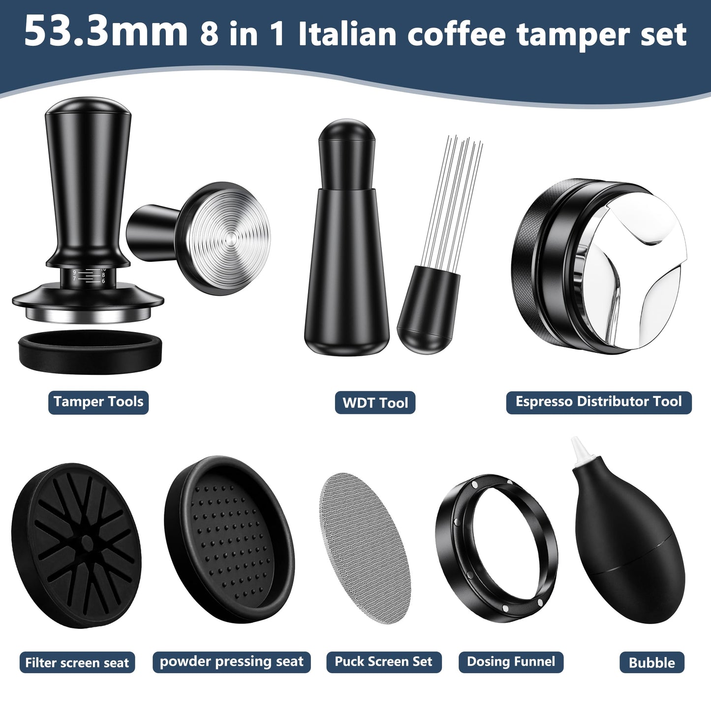 YOZYU 8 Pack Espresso Accessories Kit,54mm Espresso Tool Kit | Coffee Distributor Tamper | WDT Tool | Dosing Funnel | Expresso Puck Screen | Christmas Gift for Espresso Lovers