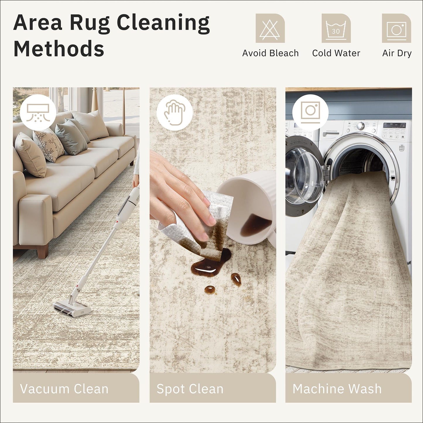 Soalmost 5x7 Area Rugs Beige Low Pile Indoor Washable Trendy Faded Style Rugs for Bedroom Living Room Dining Room Foldable Non-Slip Thin Print Home Office Mat
