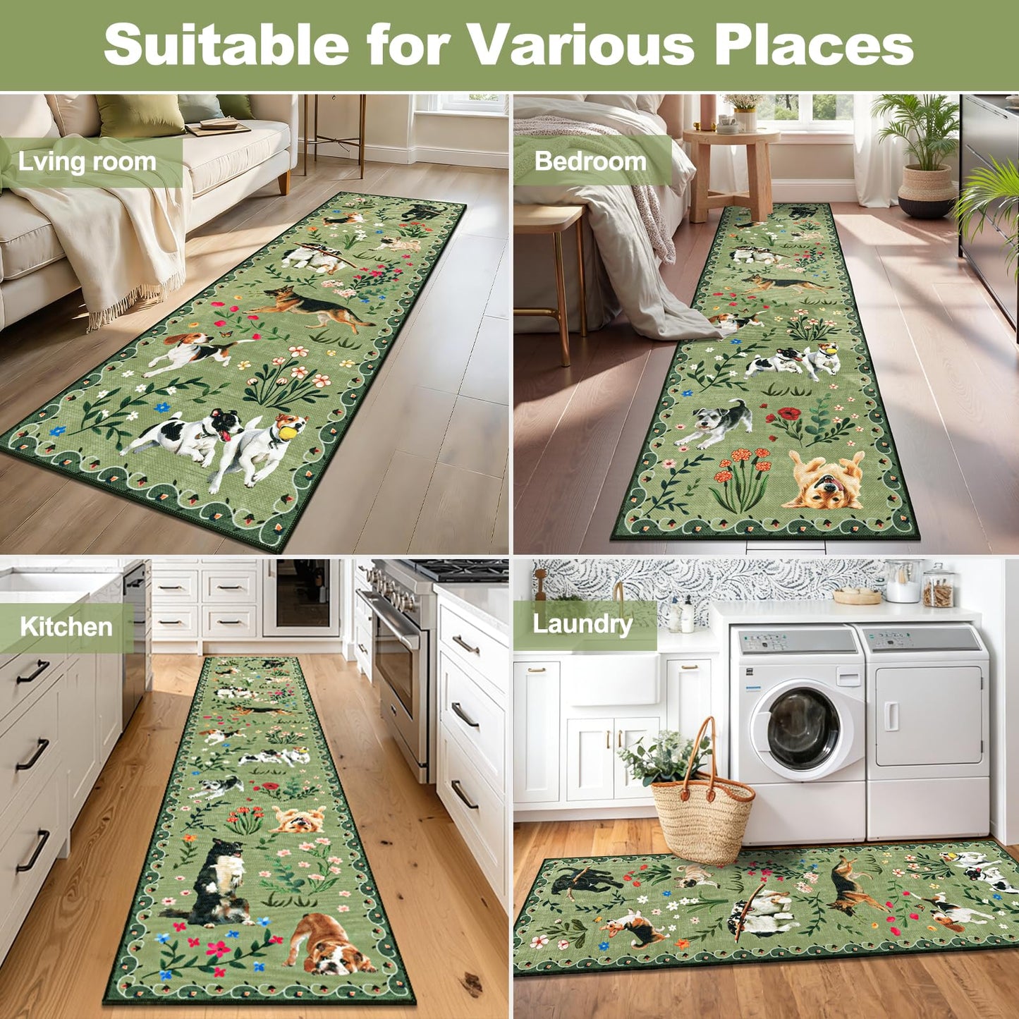 LOKHOM Hallway Runner Rug 2x8 Washable Animal Dog Print Linen Kitchen Rug with Rubber Backing, Non Slip Low Pile Soft Boho Floral Carpet for Entrance Laundry Bedroom, Green