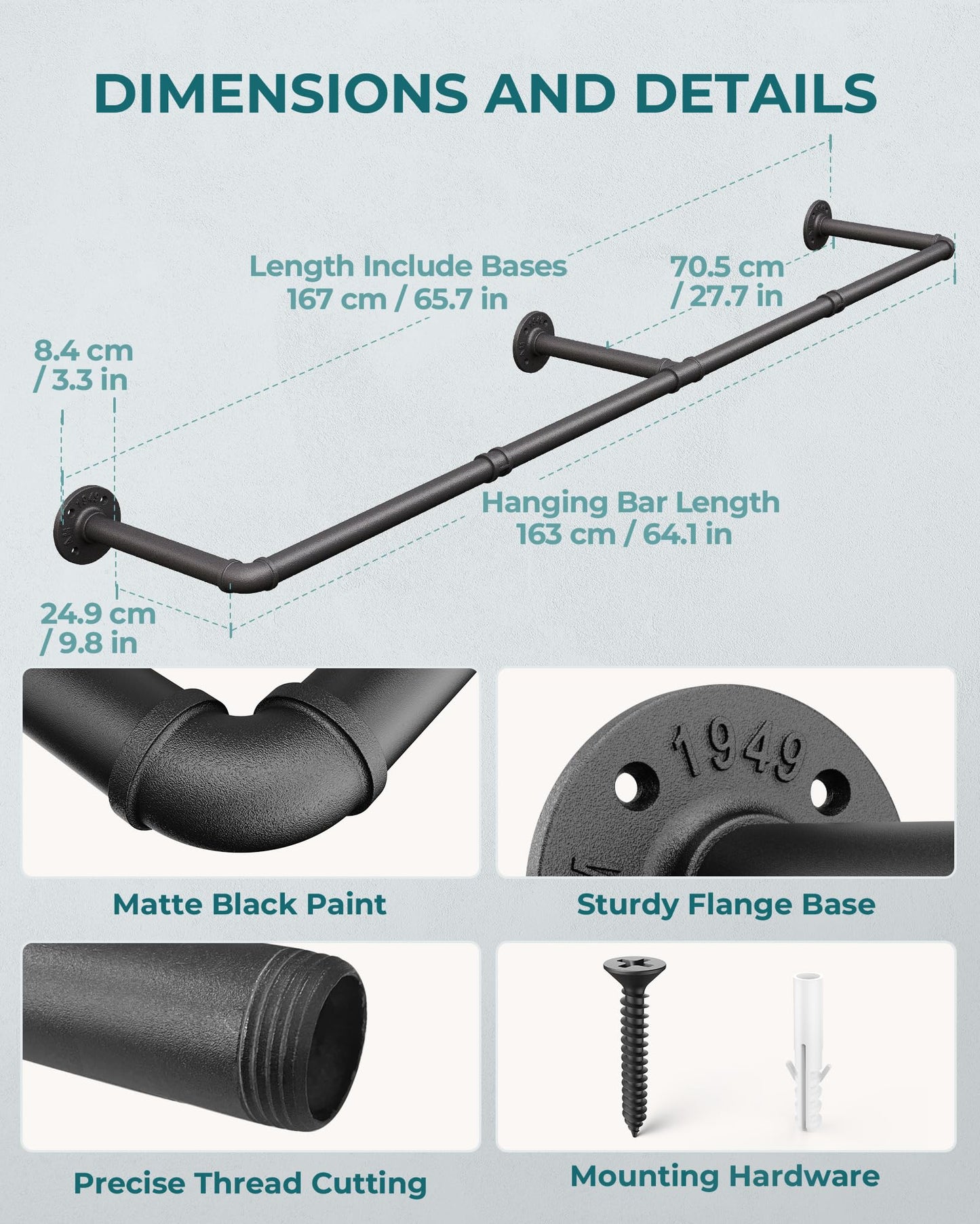 OROPY Clothes Rack, 65.7" Industrial Pipe Clothing Rack 2 Pack for Clothes, Wall Mounted Heavy Duty Space Saving Garment Rack for Closet Storage, Black, 3 Base