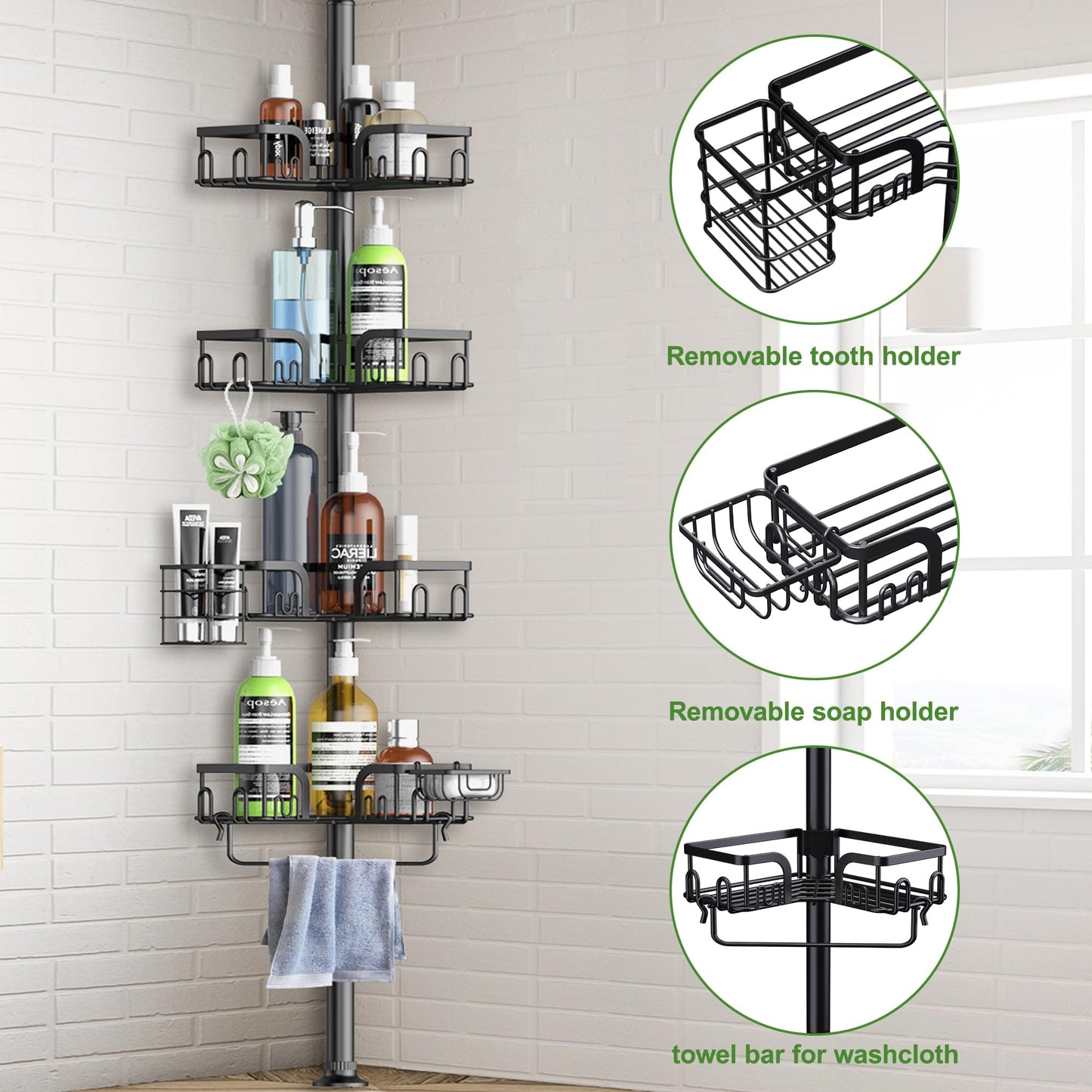 Clothink Corner Shower Caddy Tension Pole 4 Tier Adjustable Stainless Steel Shower Shelf for Inside Shower Bathtub Shampoo,Standing Bathroom Organizer Shelves with 39 to 113 inch Height