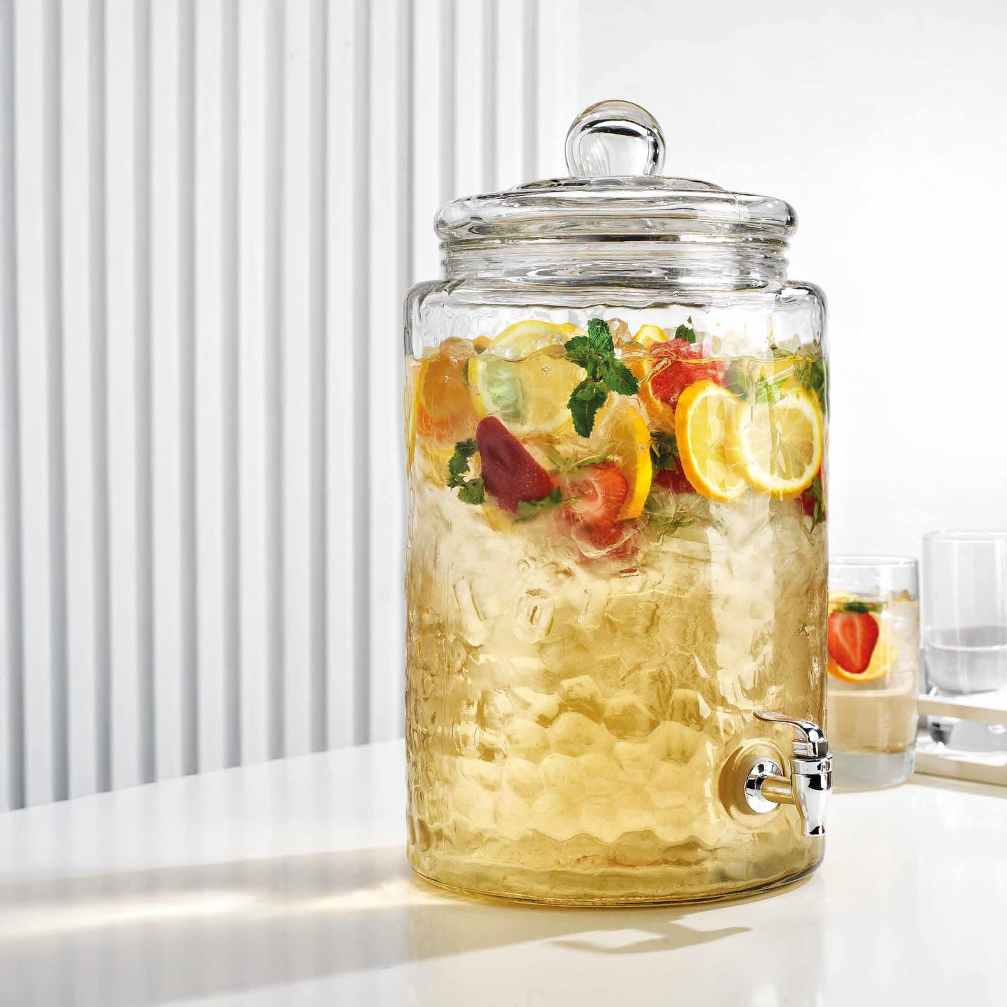 MosJos 3 Gallon Classic Hammered Glass Ice Cold Beverage Drink Dispenser - With Glass Lid 100% Leak Proof Spigot- Wide Mouth Easy Filling For Outdoor, Parties & Daily Use