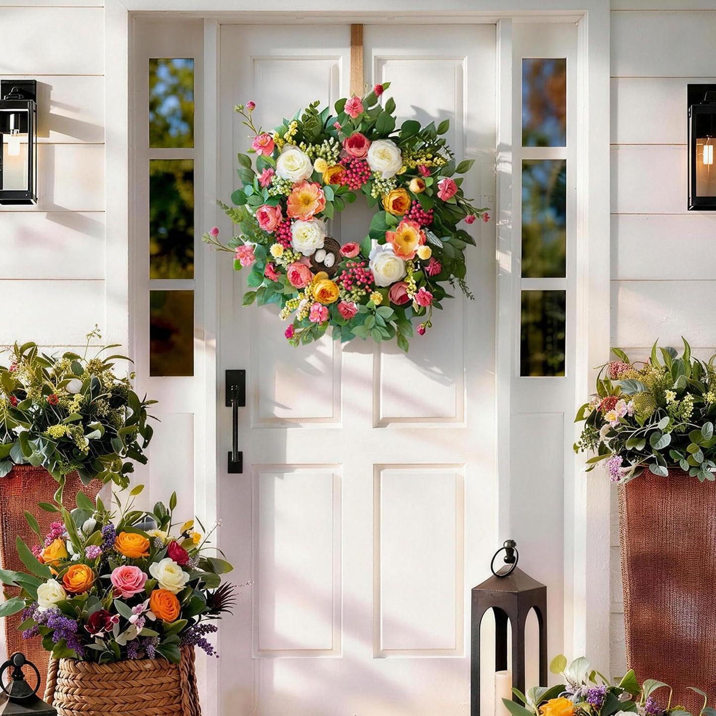 CHvista 24 Inch Spring Wreaths for Front Door Outside,Handcrafted Spring Door Wreath with Roses,Eucalyptus Greener y& Bird Nest Eggs,Luxury Summer Wreaths for Front Door for Porch Home Wall Window