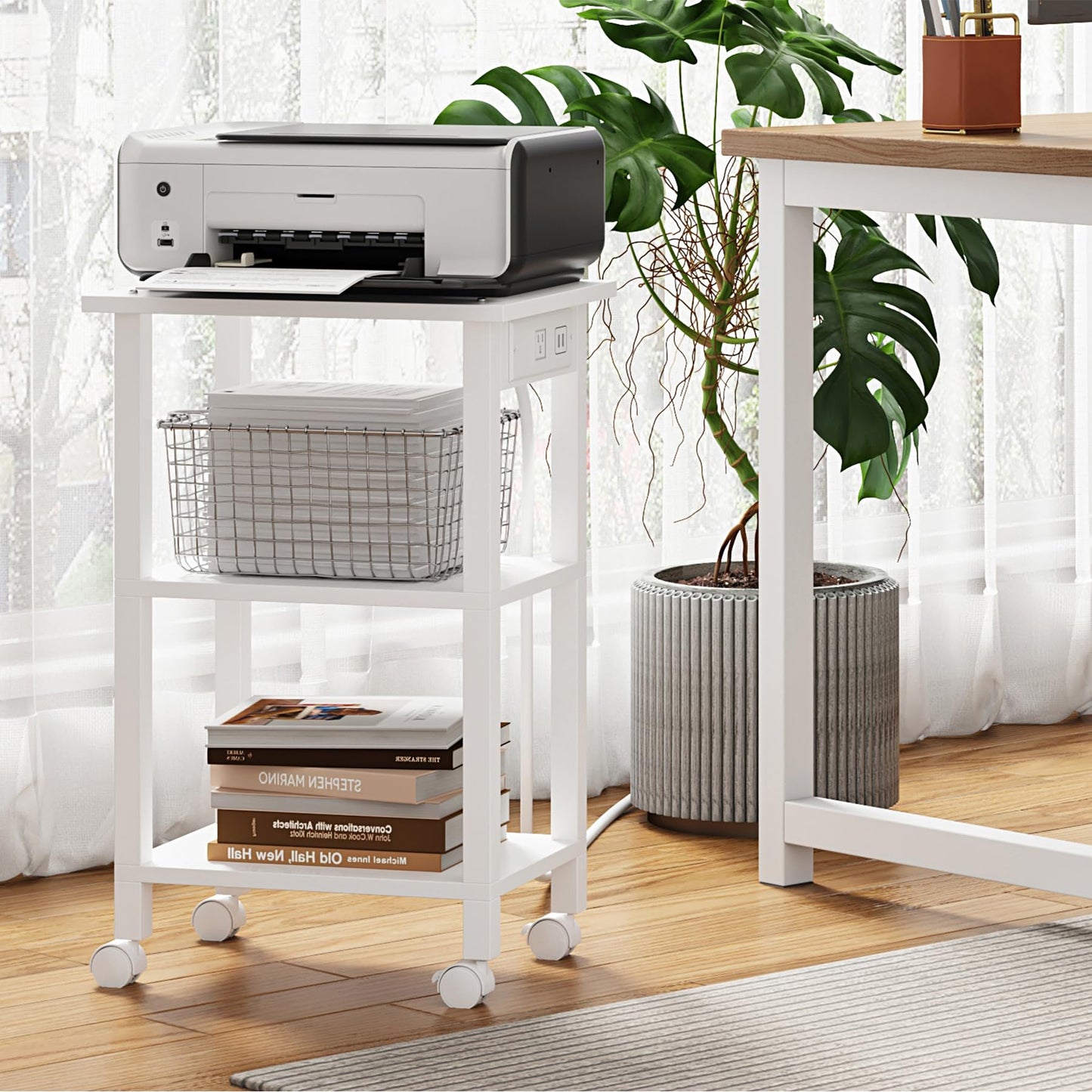 TUTOTAK 3 Tier Printer Stand, Rolling Printer Cart with Power Outlets and USB Ports, Mobile Printer Table with Wheels, for Under Desk, Office, Home, White PS02BW001