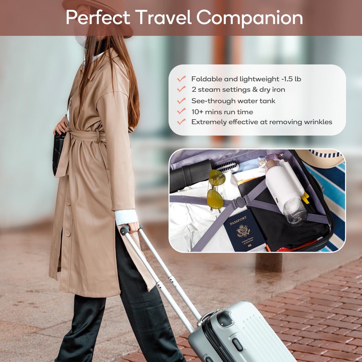 Newbealer Steamer for Clothes, 1200W Travel Steamer with Horizontal & Vertical Steaming, 2 Steam Levels, Dry Ironing, Foldable, 1.5lbs Lightly, 180ml Handheld Fabric Wrinkle Remover (120V Only)
