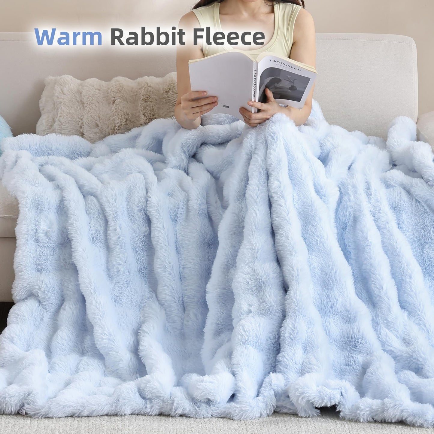 Smoofy Faux Fur Throw Blanket for Couch - Light Blue Super Soft Cozy Bubble Blanket, Fluffy Plush Fuzzy Throw for Sofa & Bed, Thick Lightweight Warm Blanket, Luxury Aesthetic Gift for Women 60"x80"