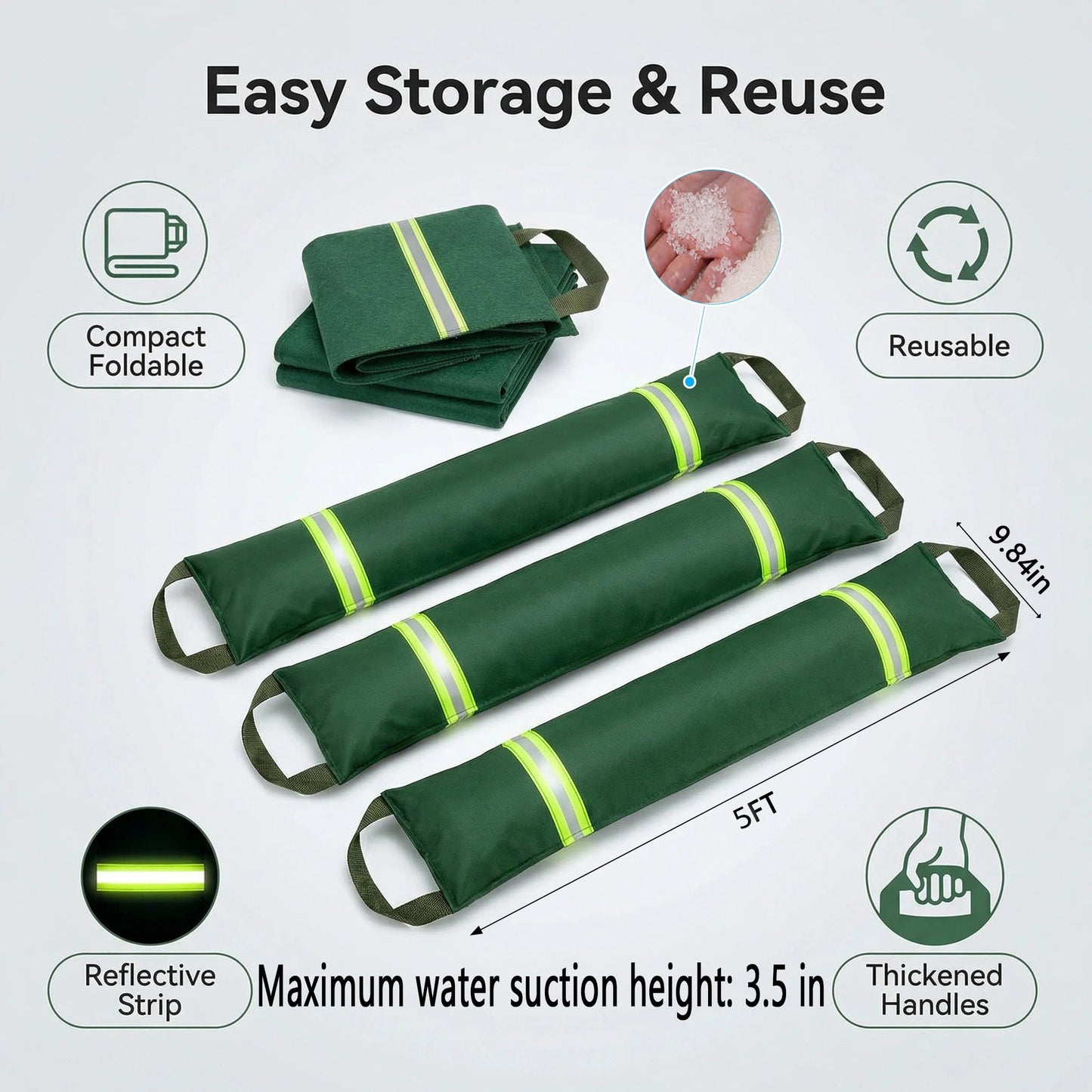 5FT Water Barriers for Flooding 3-Pack, Flood Barrier for Home Reusable Sandless SandBags for Flooding with Handles and Reflective Strips, Water Dam for Door, Garage, Basement, Outside and Other