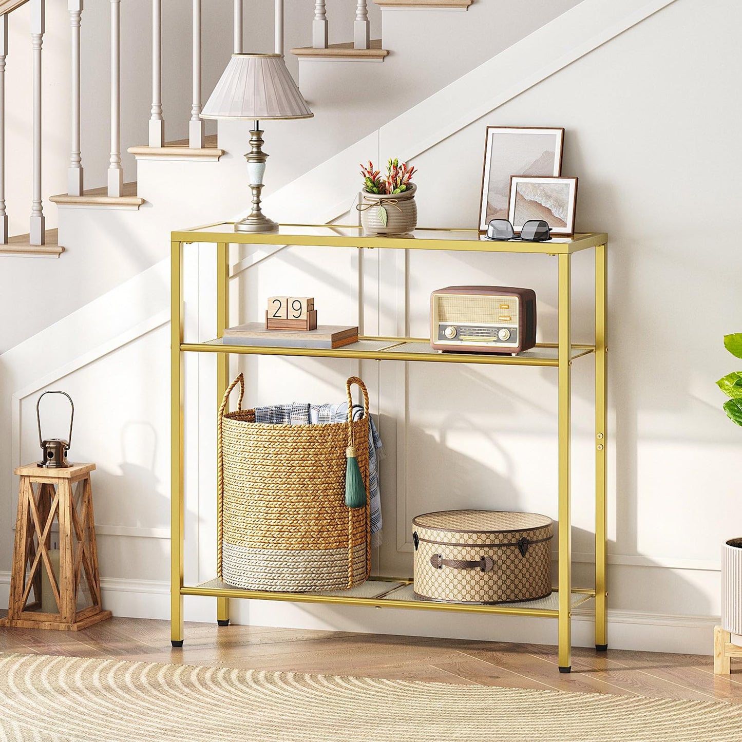 HOOBRO 29.5" Narrow Console Table, 3-Tier Tempered Glass Sofa Table, Modern Entryway Table, for Entrance, Living Room, Foyer, Hallway Bedroom, Gold GD21XG01G1