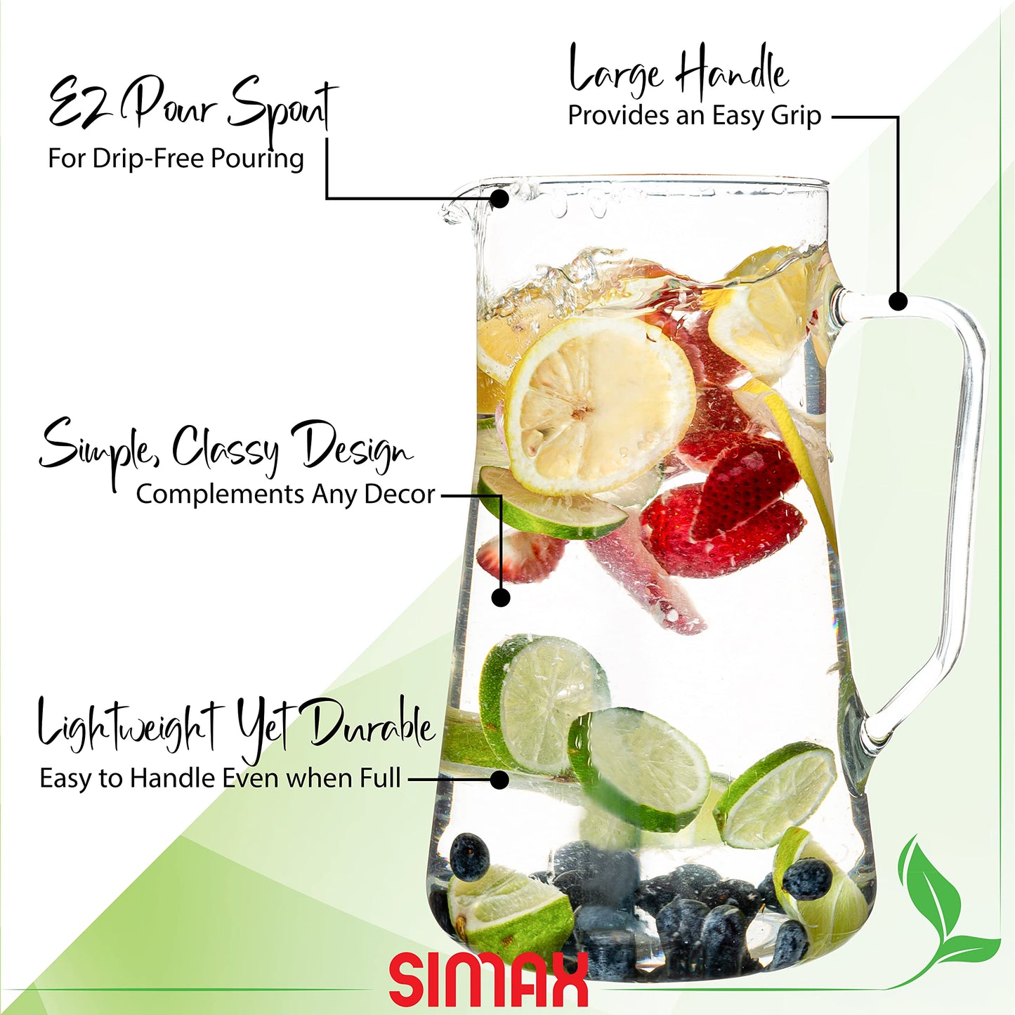 Simax Large Glass Pitcher With Spout, 2.5 Quart (80 Ounce) Borosilicate Glass Iced Tea Pitchers with Handle, Angled Cylinder Design, Glass Water Pitcher