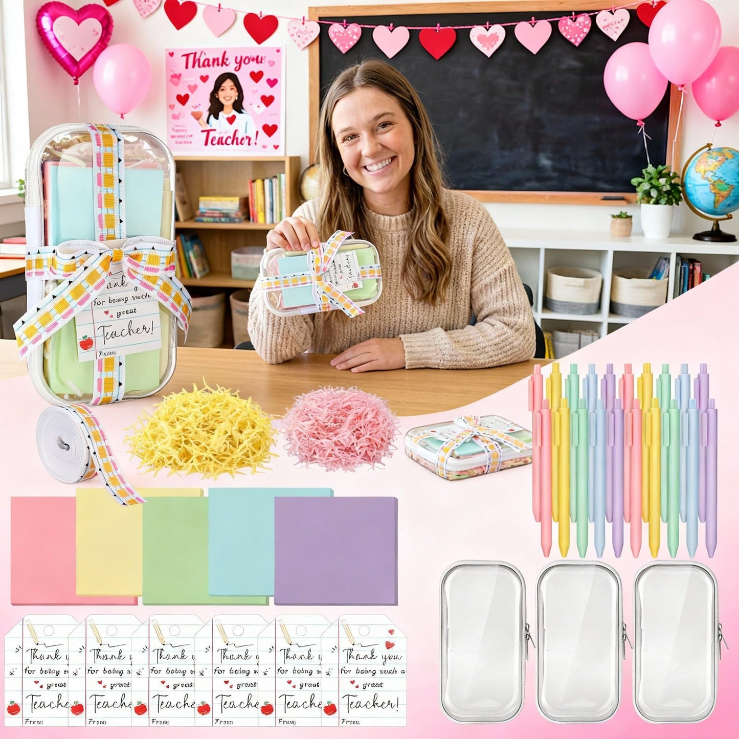 Motiskyy 6 Sets/75 Pcs End of Year Teacher Gifts Bulk Set Clear Hard Case Zipper Pouch Pastel Ballpoint Pens & Sticky Notes Pink and Yellow Raffia Adorable Printed Pencil Ribbons with Thank You Cards
