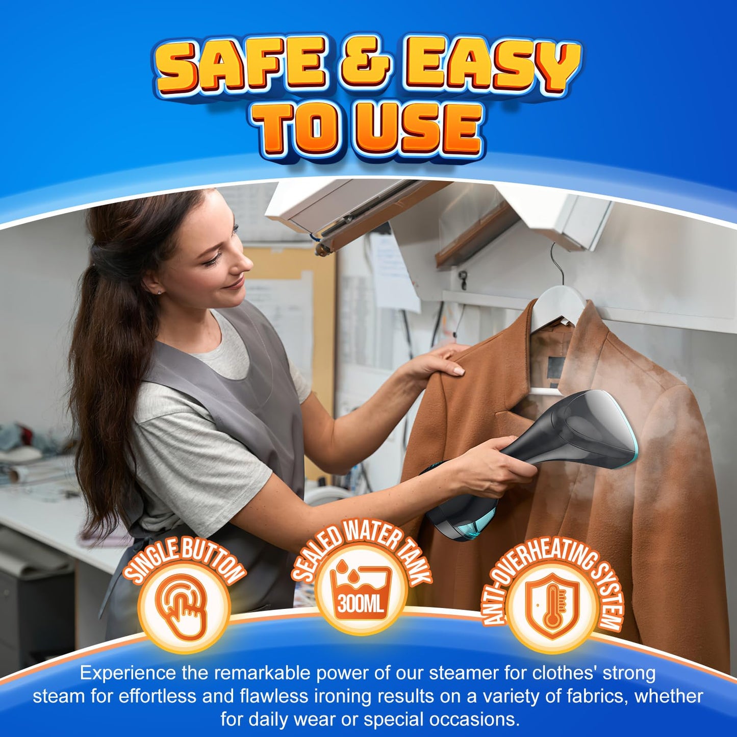 Steamer for Clothes, 1800W Fast Heat-Up Portable Handheld Clothing Steamer with 3 Steam Modes, 300ml Water Tank, Heat-Resistant Glove & Fabric Brush for Home, Travel, Dorm, Office