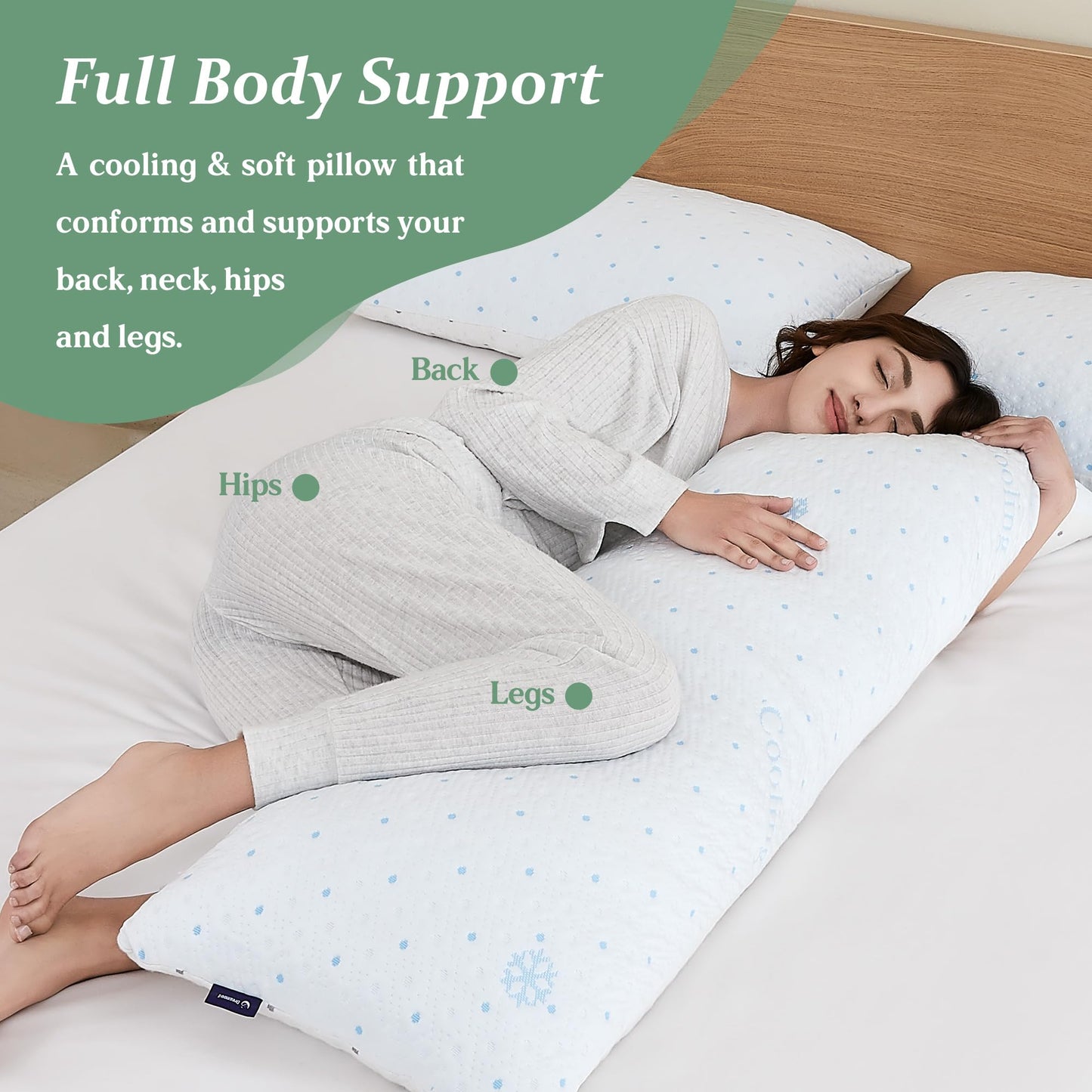 Dreamood Cooling Body Pillow with Pillowcase, Adjustable Shredded Memory Foam Pregnancy Long Full Bed Body Pillows for Adults Side Sleeper - with Washable Soft Cooling Double-Sided Cover, 20x54 inch