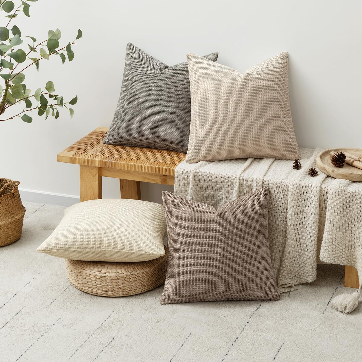 MIULEE Pack of 4 Couch Throw Pillow Covers 18x18 Inch Neutral Beige/Brown Soft Decorative Chenille Pillow Covers Farmhouse Accent Cushion Covers for Boho Spring Home Decor Sofa Bedroom Living Room