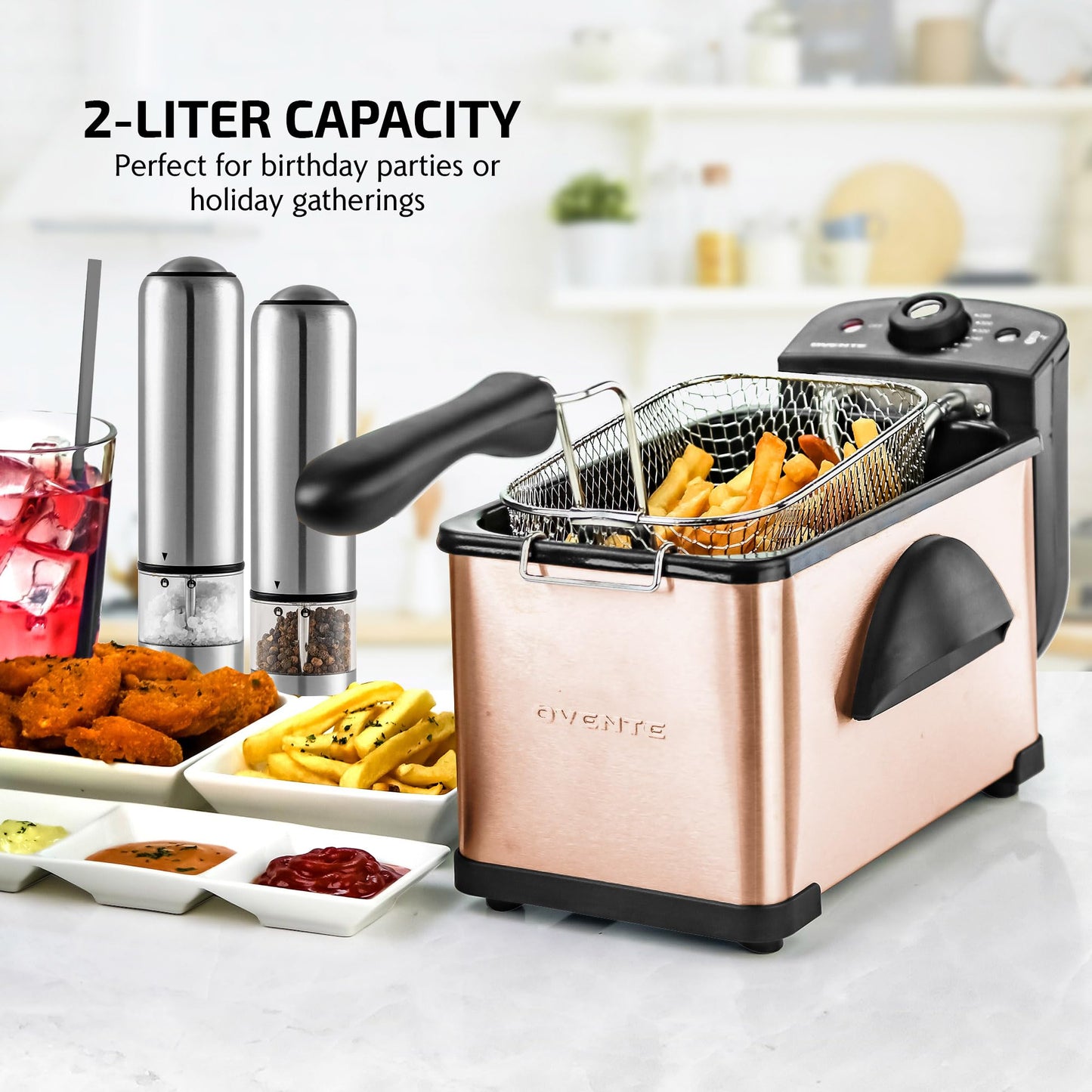 OVENTE Electric Deep Fryer 2L Capacity, Lid with Viewing Window, Adjustable Temperature, Removable Frying Basket & Cool Touch Handle, 1500W Power, Easy to Clean Stainless Steel Body, Copper FDM2201CO