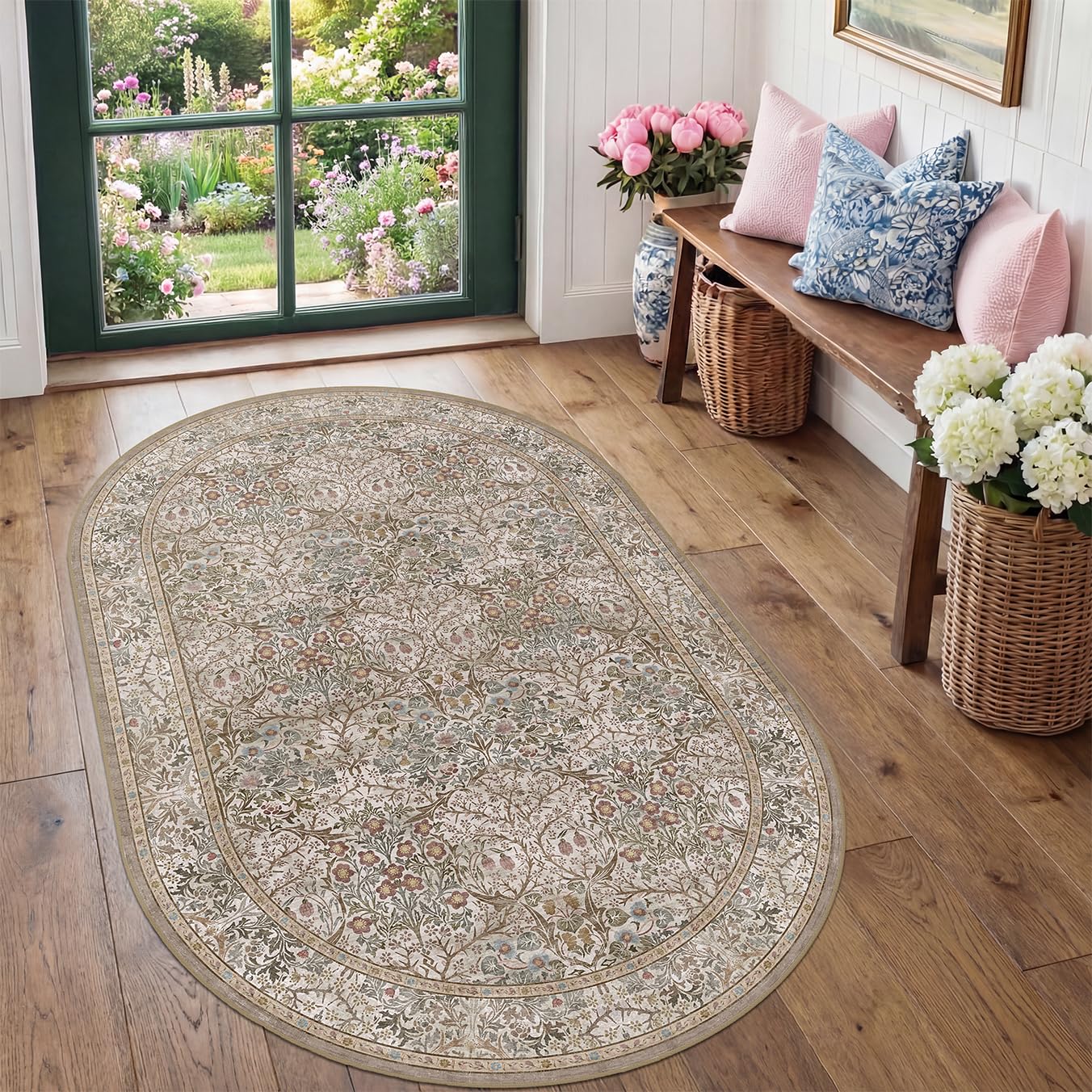 3x5 Vintage Moss Green Entryway Oval Rug, Washable Nature Rug for Kitchen, Bathroom, Bedroom, Boho Oriental Low Pile Stain Resistant Non-Slip Small Throw Rug (3x5 Moss & Brown)