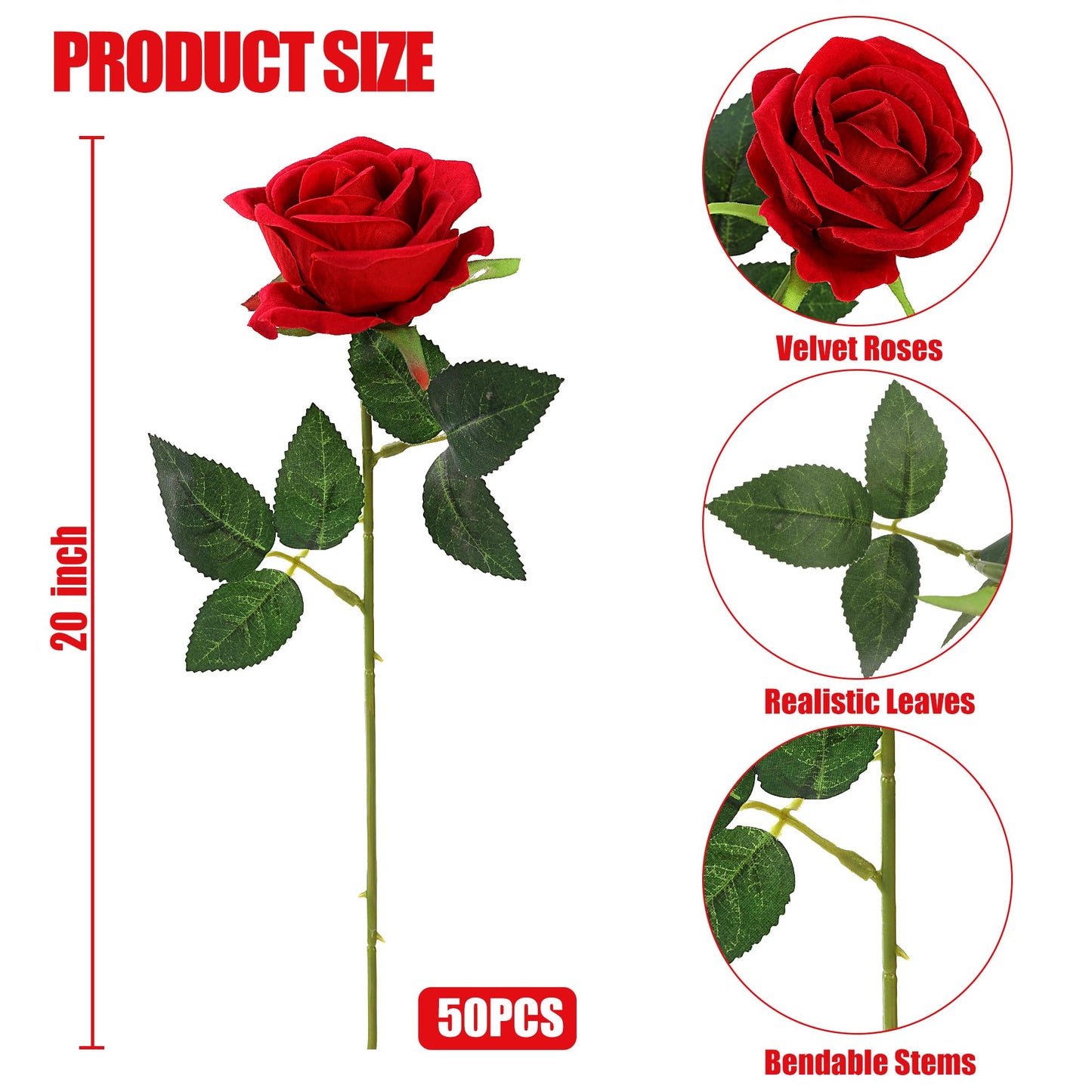 Sggvecsy 50 Pcs Artificial Roses Red Flowers Fake Velvet Silk Roses with Stems Bulk Realistic Faux Flowers for Bridal Bouquets Wedding Centerpieces Valentines Day DIY Home Party Decor (Red)