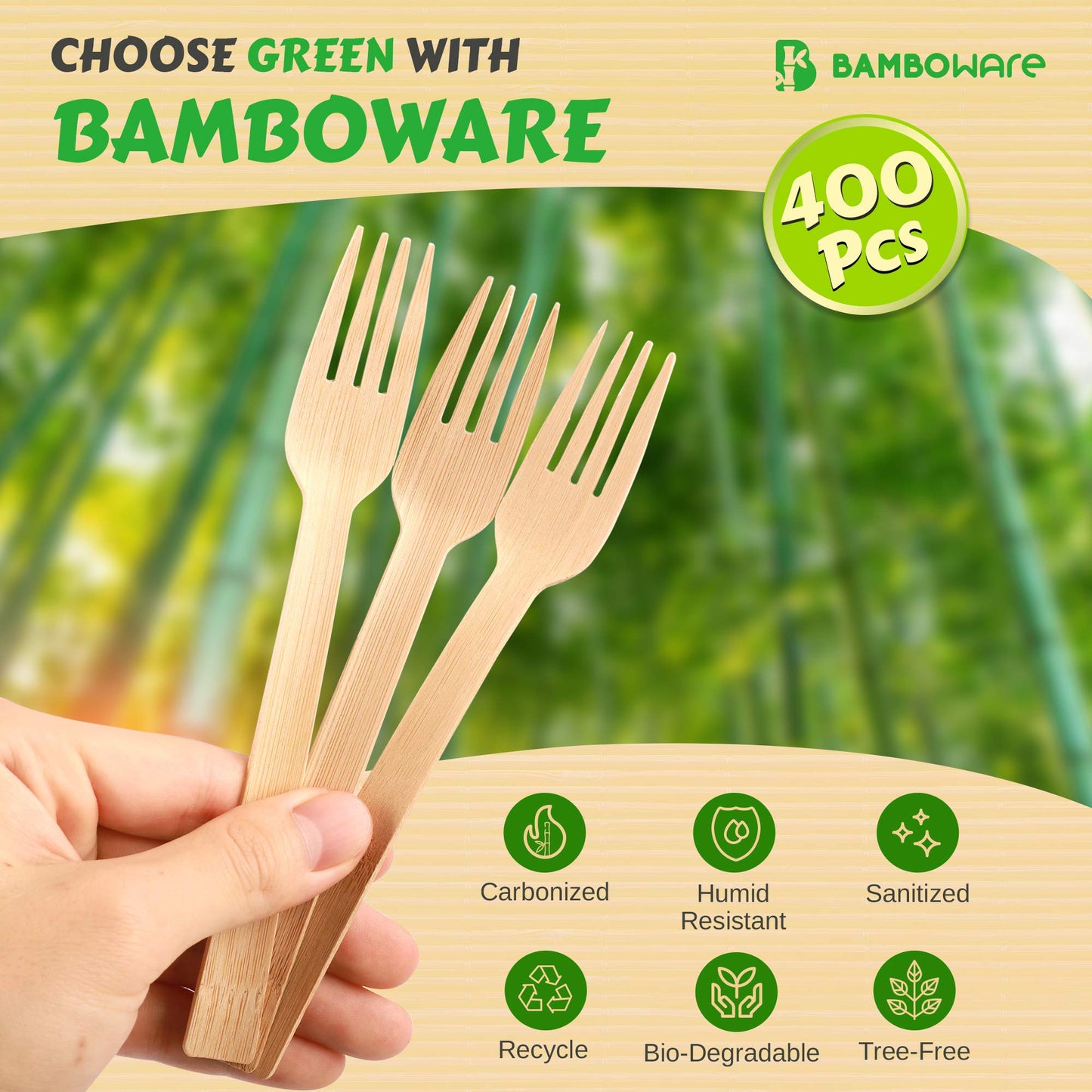 100% Bamboo Utensils - 400 Carbonized Forks Disposable Cutlery Biodegradable and Sanitized - Heavy Duty & Fully Functional