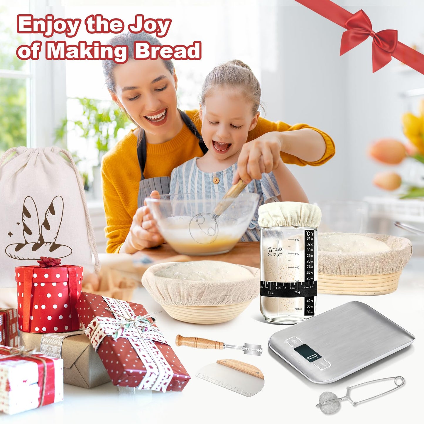 Sourdough Starter Kit with Scale, Glass Jar and Banneton Bread Proofing Basket - Complete Sourdough Bread Baking Supplies, Sour Dough Making Essentials Tools, Gift for Bakers Beiginner Women Wife Mom