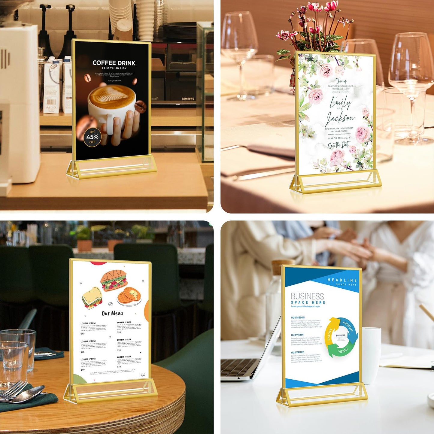 Gold Acrylic Sign Holder 5x7, 16 Pack Wedding Gold Frame Table Number Holders Vertical, Clear Picture Frames Flyer Stands Tables Menu Holder, Double Photo Paper Display Holder for Party, Home, Office