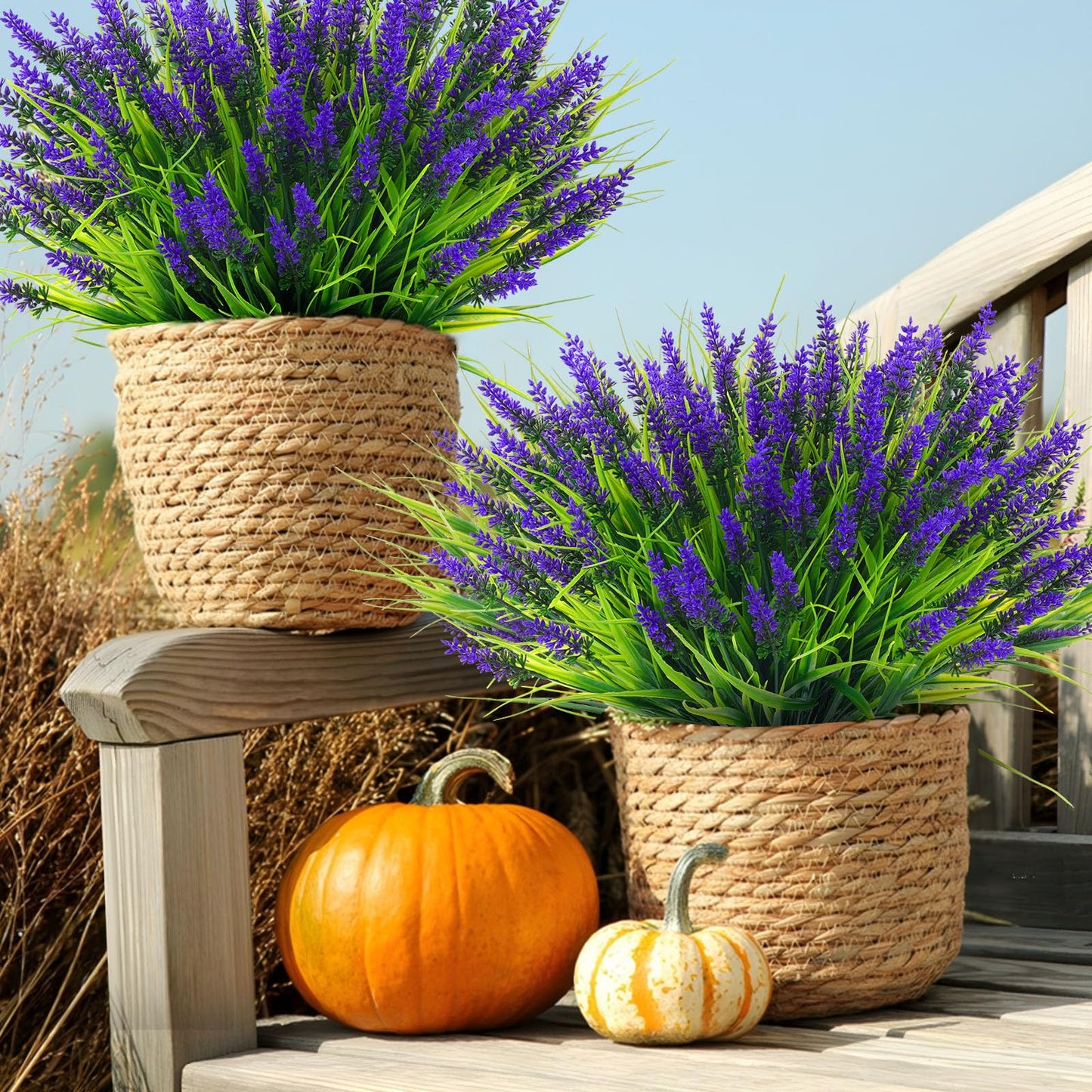 Rowfad 44 Pcs Artificial Outdoor Flowers Lavender Fake Greenery Plants UV Resistant Grass with Purple Flowers for Pot Decor for Window Garden Patio Hanging Planter Pathway Front Porch (44, Purple)