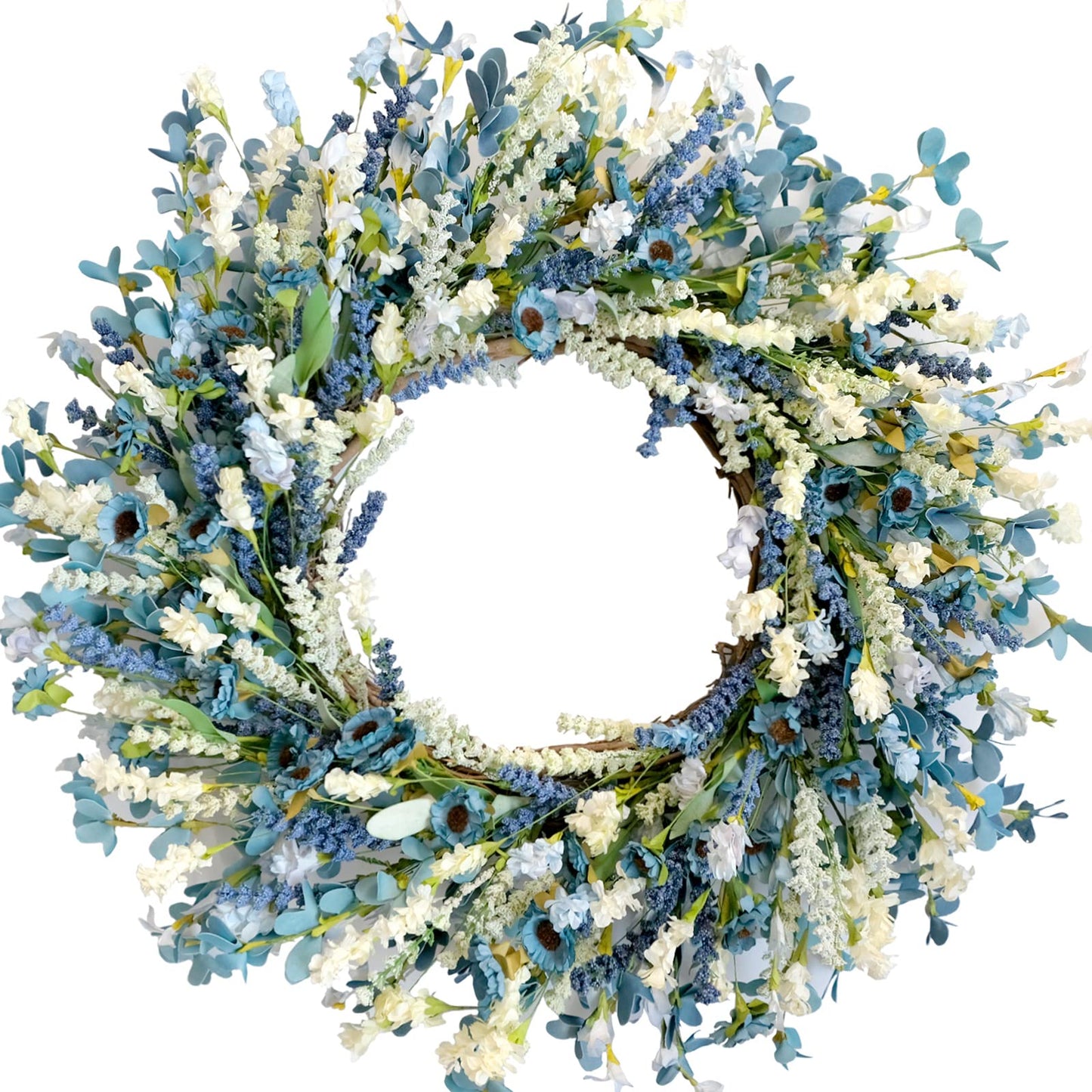Egolot 26 Inch Summer Spring Blue Ivory Lavender Flower Wreath for Front Door, Rustic and Farmhouse Wild Flowers Wreath for Inside and Outside, Coastal Blue Home Decorating