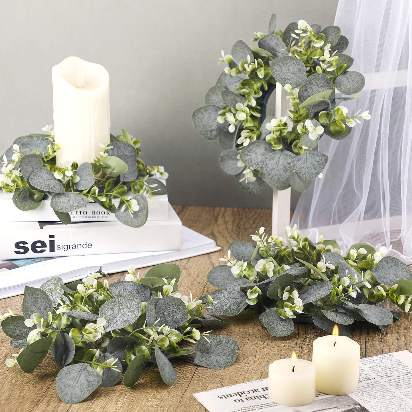 Panelee 20 Pcs Candle Rings Artificial Eucalyptus Candle Wreath Rings Greenery Leaves Boho Candles Garland Pillar for Wedding(Elegant Eucalyptus Leaf)