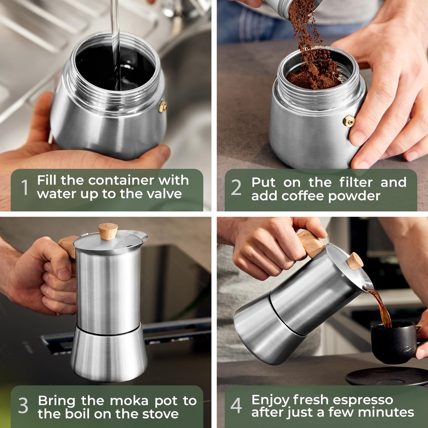 WALDWERK Stainless Steel Moka Pot (10oz) - Toxic Free Moka Pot with Oak Wood Handle - Stovetop Espresso Maker - Italian Coffee Maker for Stovetop and Induction