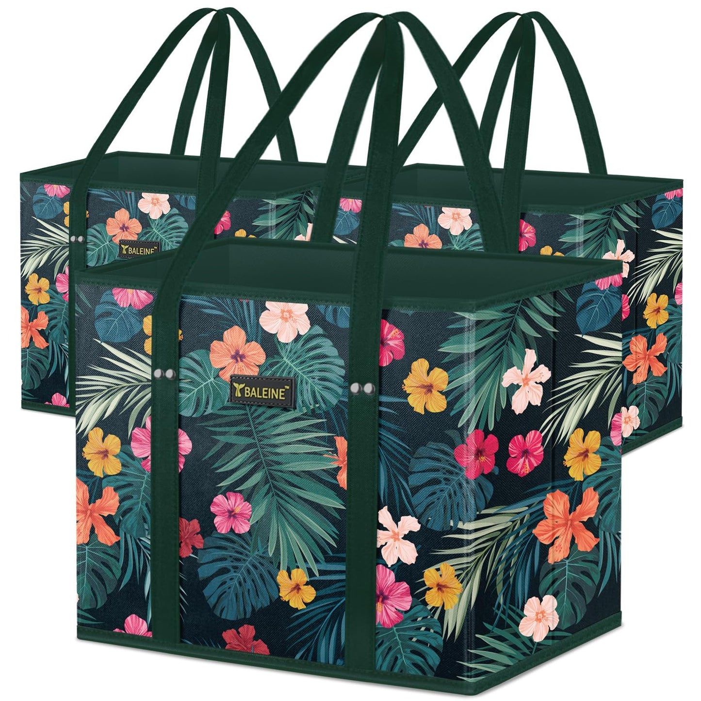 BALEINE 3Pk Reusable Grocery Bags, Foldable Shopping Bags for Groceries with Reinforced Bottom & Handles (Blossom Season)