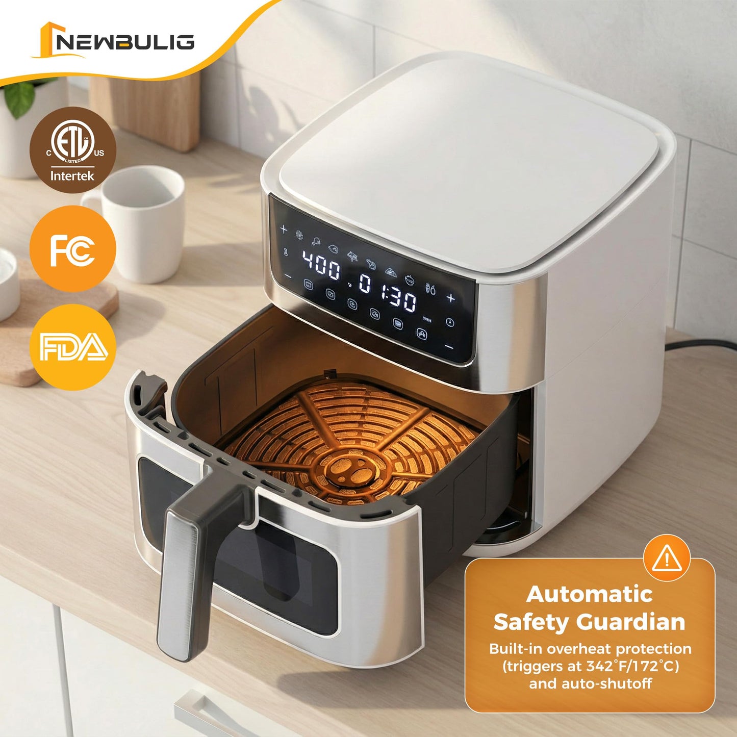 NEWBULIG Air Fryer 6.34QT, Airfryer with Visible Window, 400℉ Fast Heating Air Fryers Oven with Nonstick and Dishwasher-Safe Basket, 8-in-1 Cooking Preset, Timer，Auto-Off, Stainless Steel, White