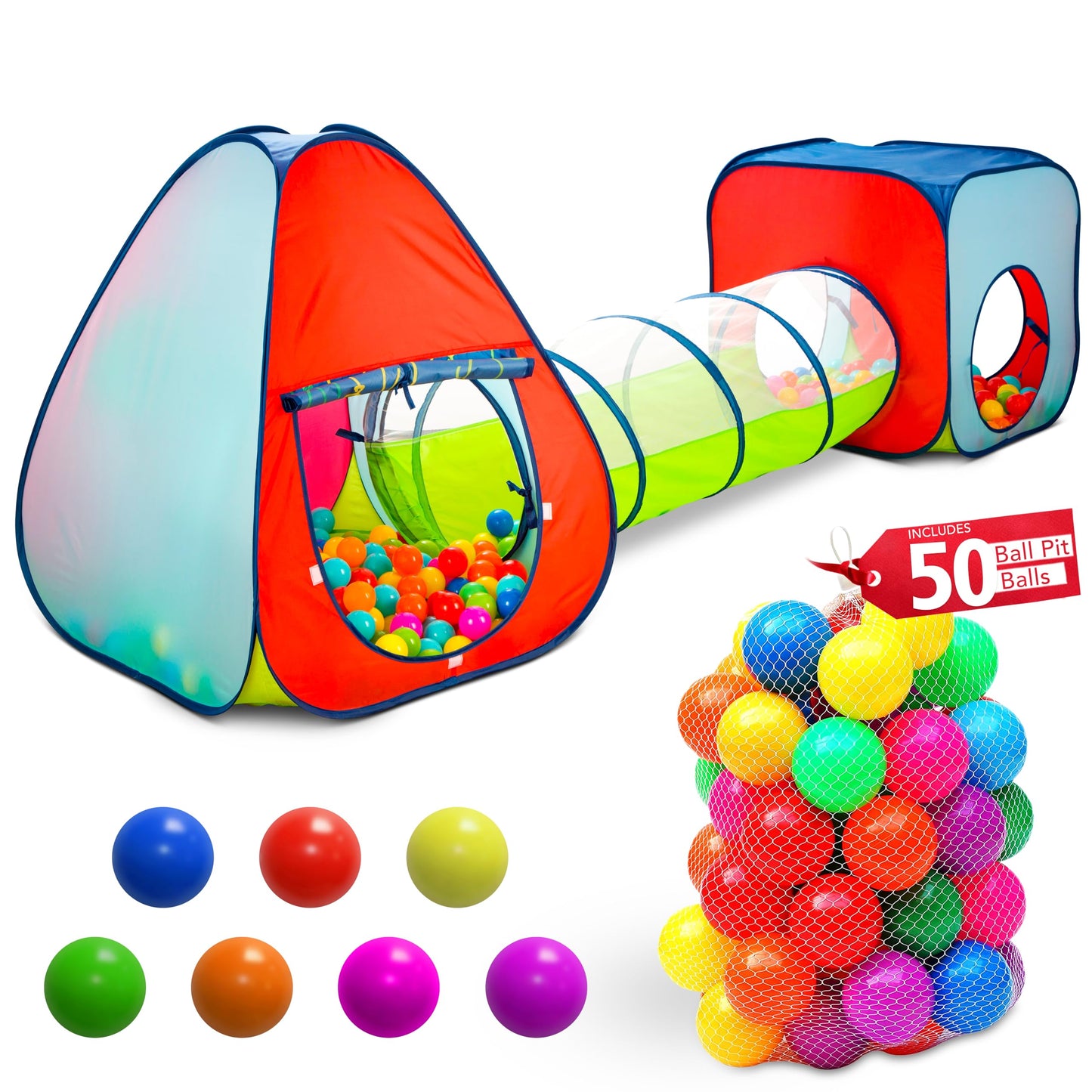 Kids Play Tent with 50 Balls – 3-Piece Tunnel & Ball Pit Combo – Indoor/Outdoor Pop-Up Set with Mesh Panels & Carry Bag