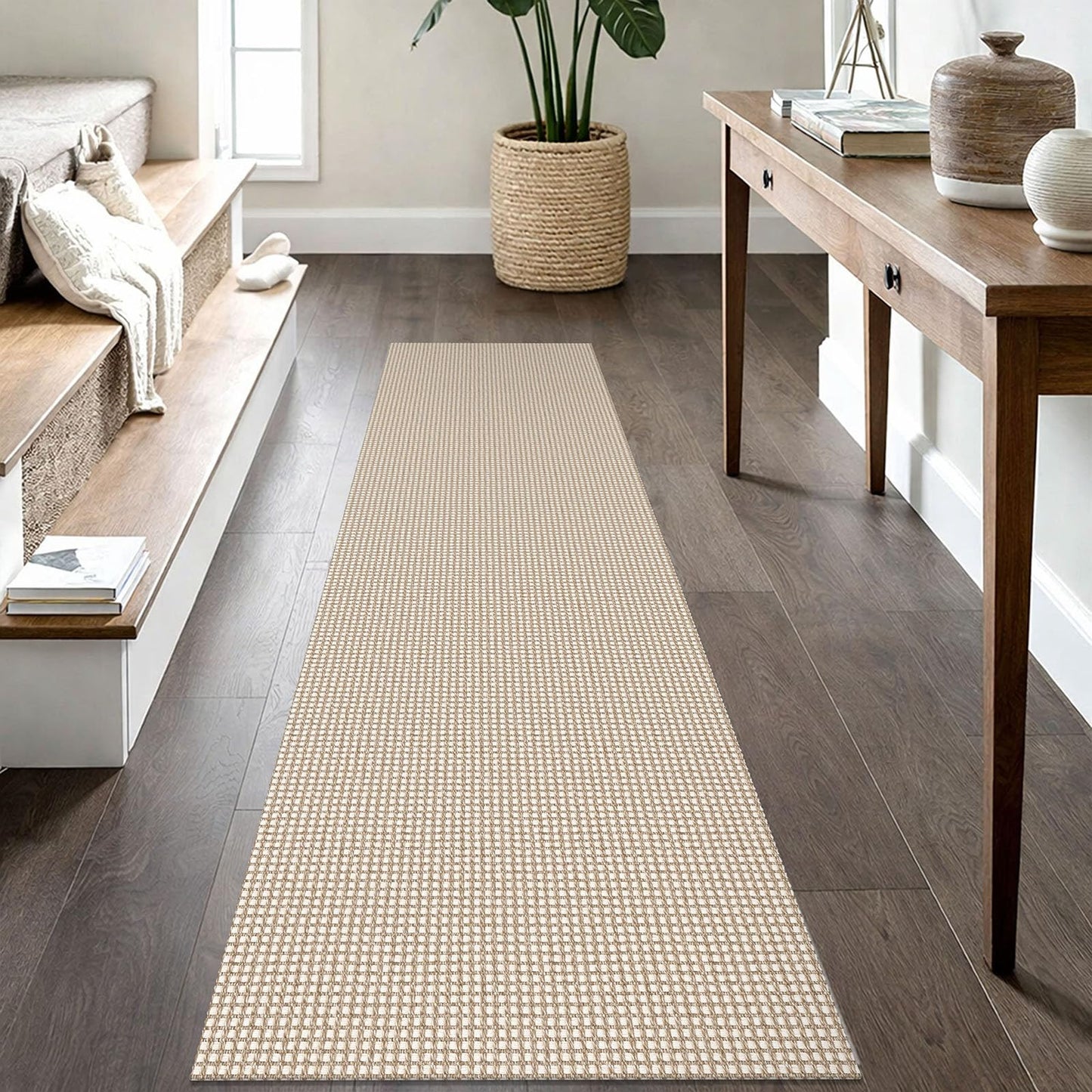IOHOUZE Washable Runner Rug 2x8 Non Slip Rubber Backed Hallway Runner Entryway Runner Indoor, Kitchen Rugs Woven Cotton Floor Carpet for Kitchen Hall Entrance Bedroom, Beige/Khaki