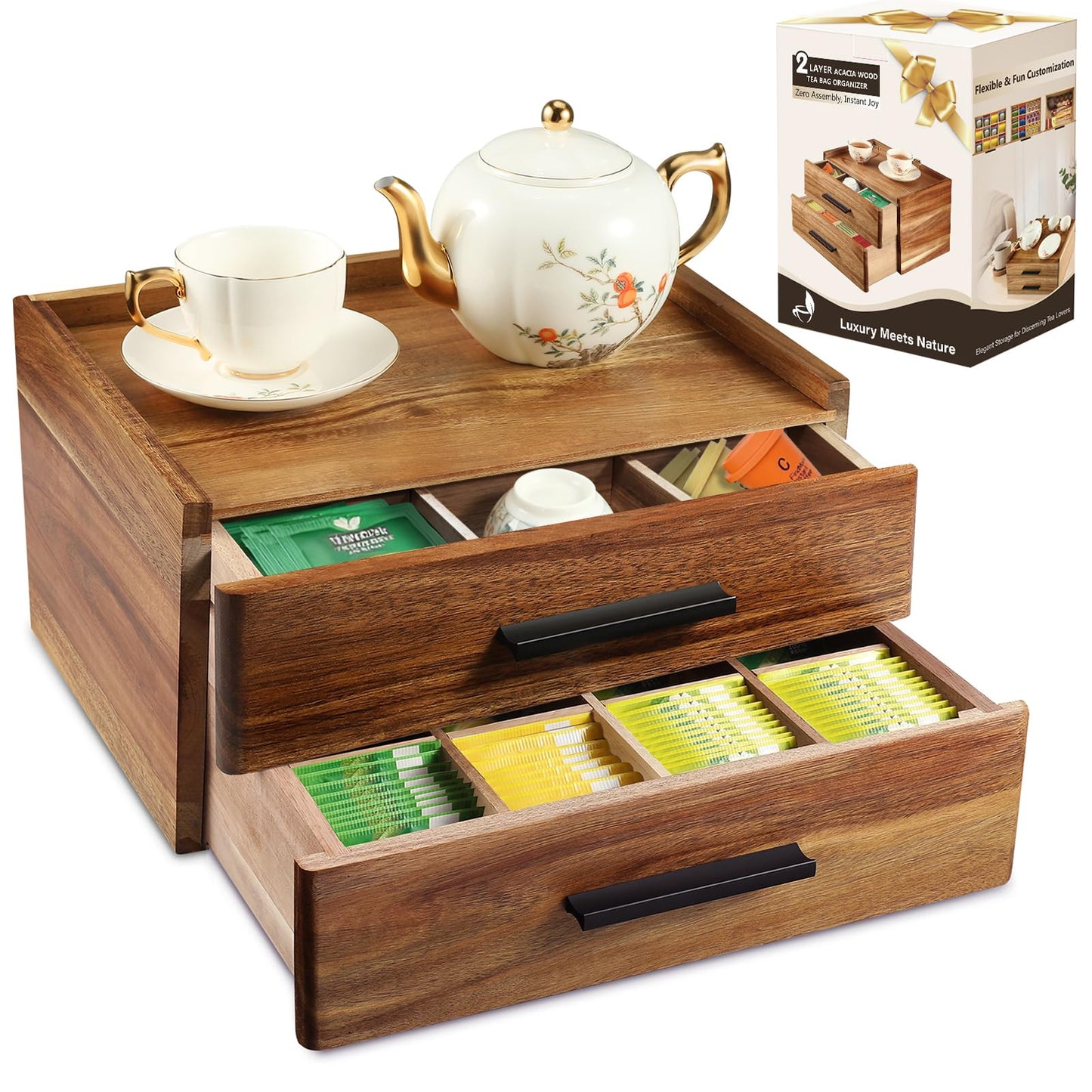 Acacia Wood Tea Bag Organizer with Gift Box, Double-Drawer Tea Box - Tea Accessories for Tea Organizer and Storage Box, Tea Station Chest Caddy for Countertop Cabinet Office(21-Compartment)