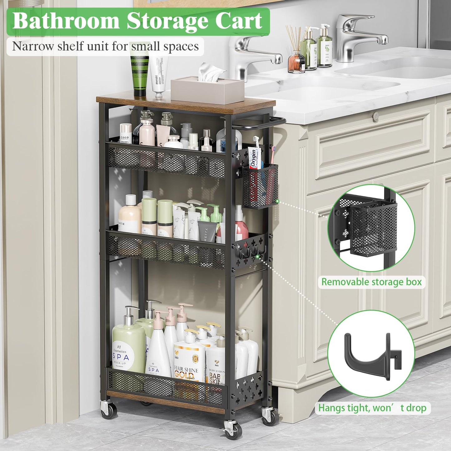 MJIMKE 4 Tier Slim Rolling Storage Cart, Laundry Room Cart on Wheels, Small Metal Bathroom Cart Kitchen Organizer Trolley with Handle and Mesh Basket, 7.1 inch Width for Narrow Space, Black