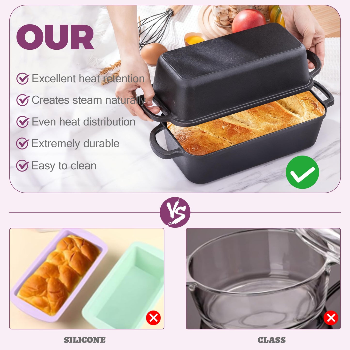 Vanderlume 11x5 Inch Cast Iron Loaf Pan with Lid, Large Dutch Oven Bread Loaf Pan for Sourdough, Homemade Bread Baking, Even Heat Distribution, 5.8Qt