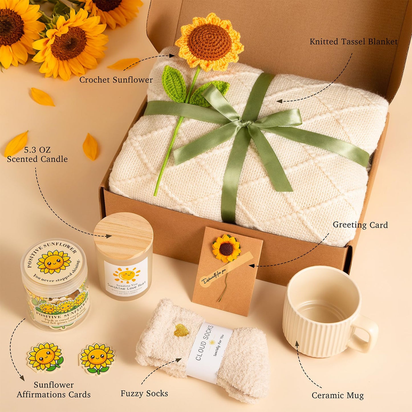 Aeenr Birthday Gifts for Women, Sending Sunshine Sunflower, Self Care Get Well Soon Gift Baskets W/Blanket, Unique Thinking of You GIFS for Mom Sister Her Friends Wife Grandma, Valentines Mothers Day